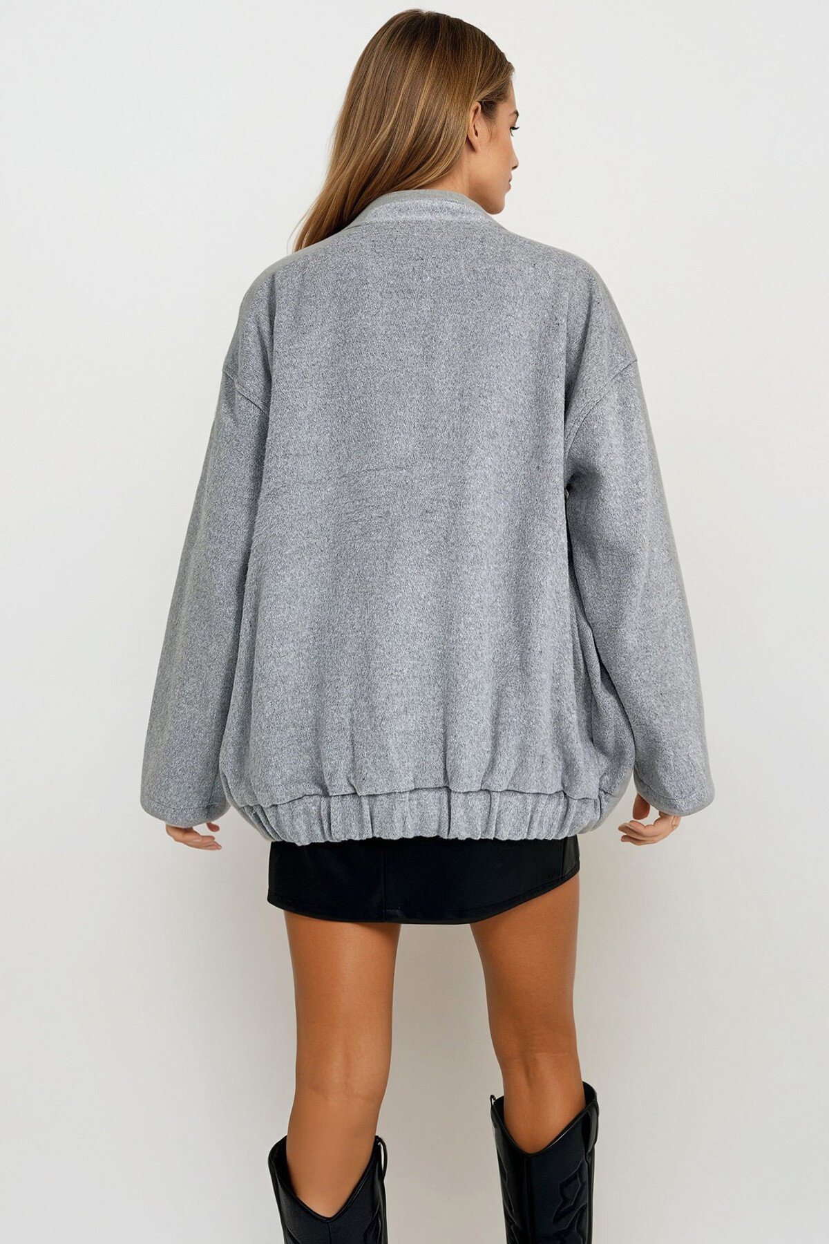 Gri Melanj Çift Cepli Çıt Çıt Kapamalı Kaşe Mont