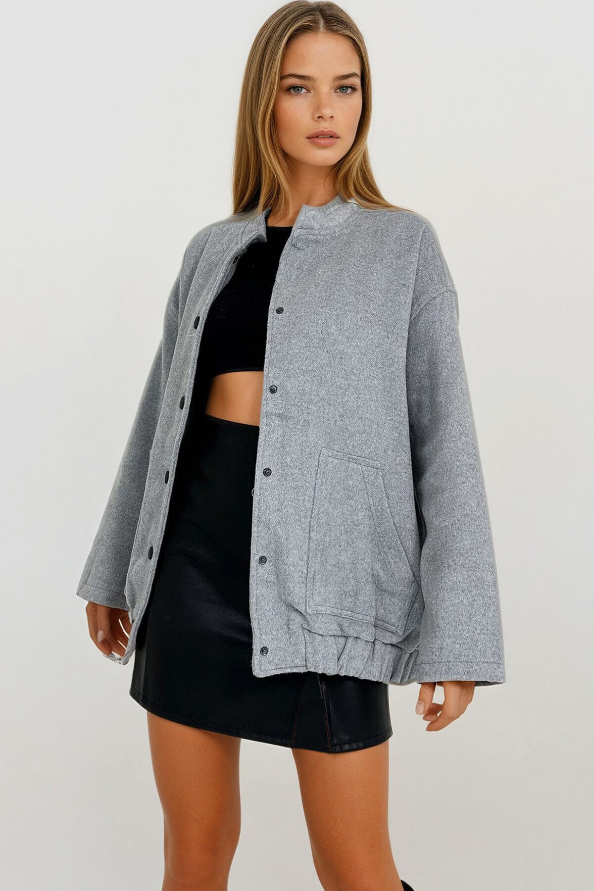 Gri Melanj Çift Cepli Çıt Çıt Kapamalı Kaşe Mont