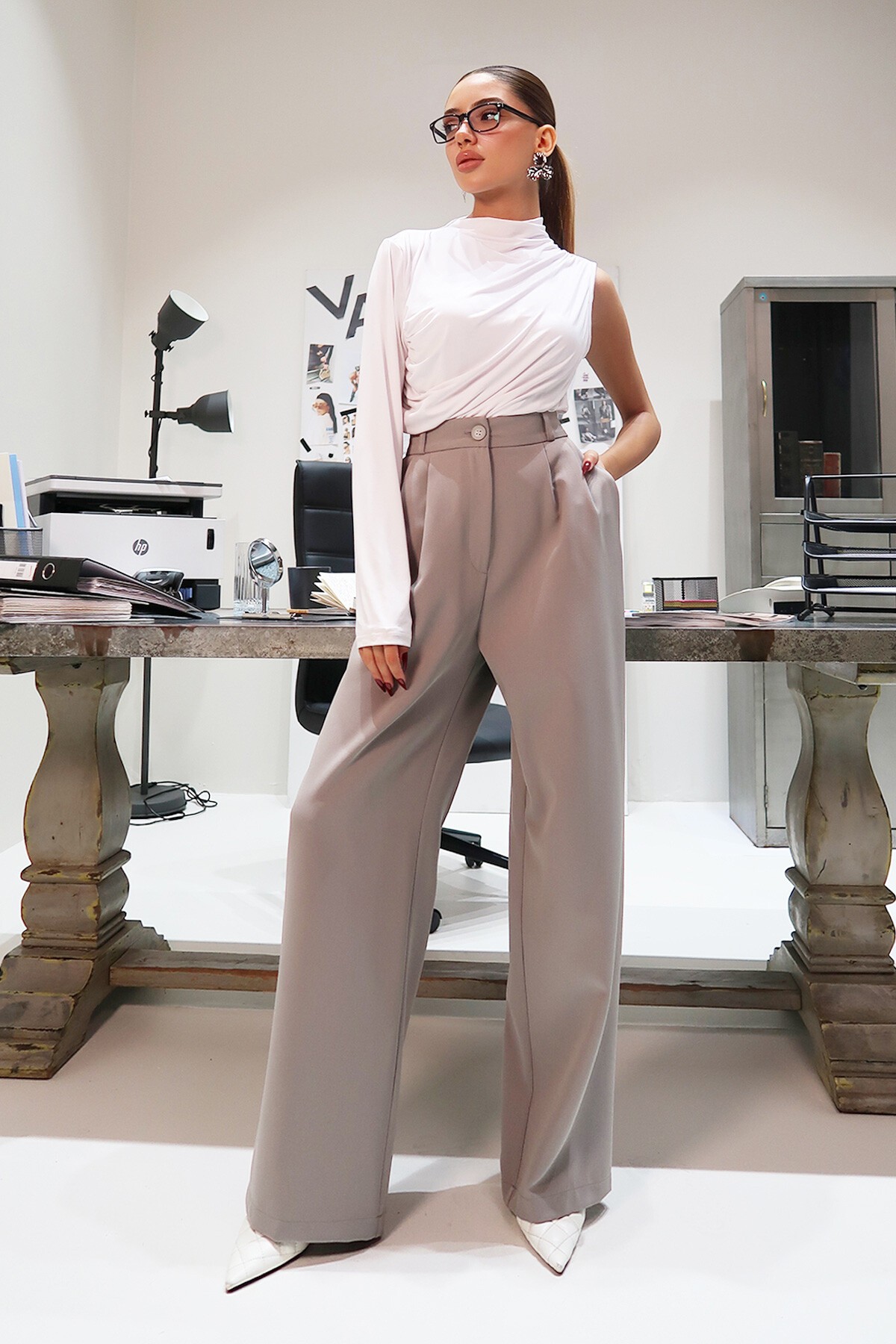 Gri Wide Leg Pantolon