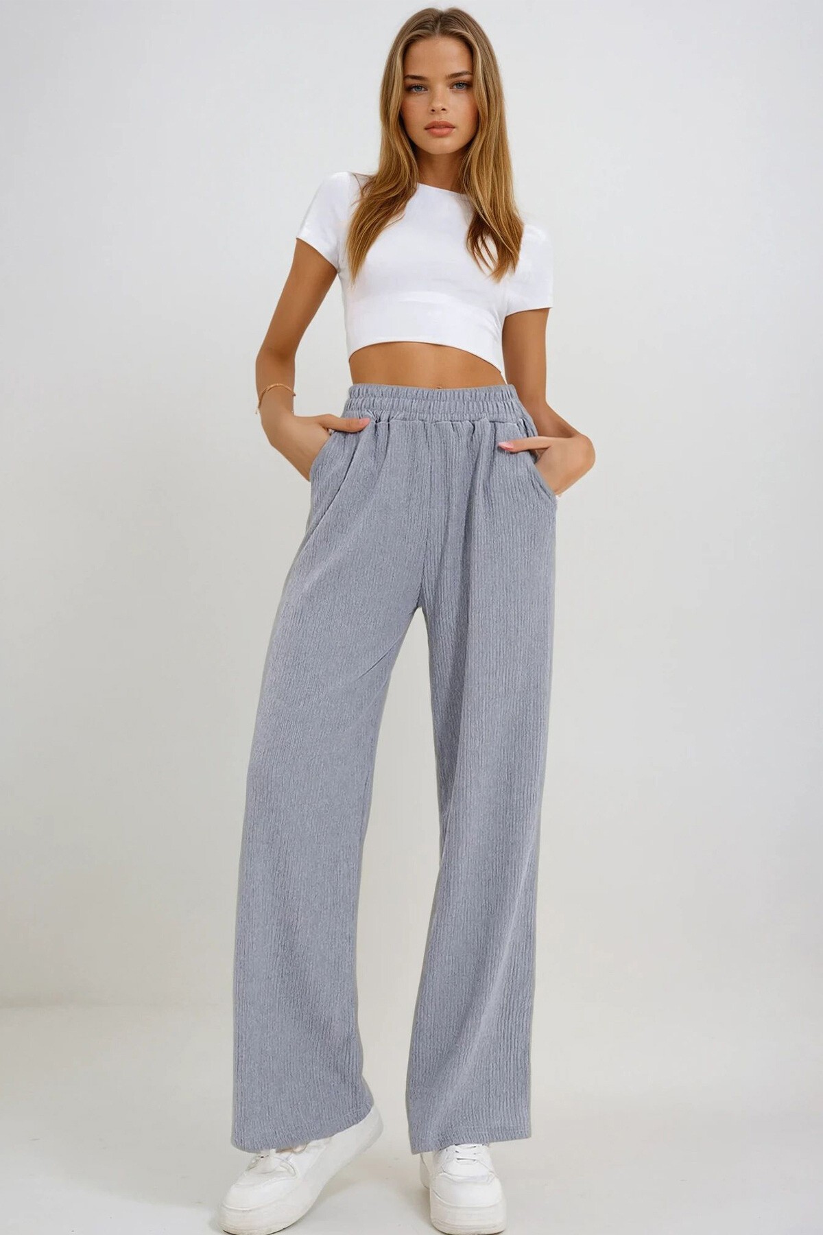 Gri Yüksek Bel Lastikli Wide Leg Pantolon