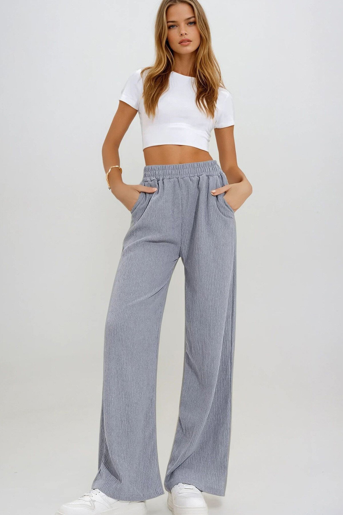 Gri Yüksek Bel Lastikli Wide Leg Pantolon