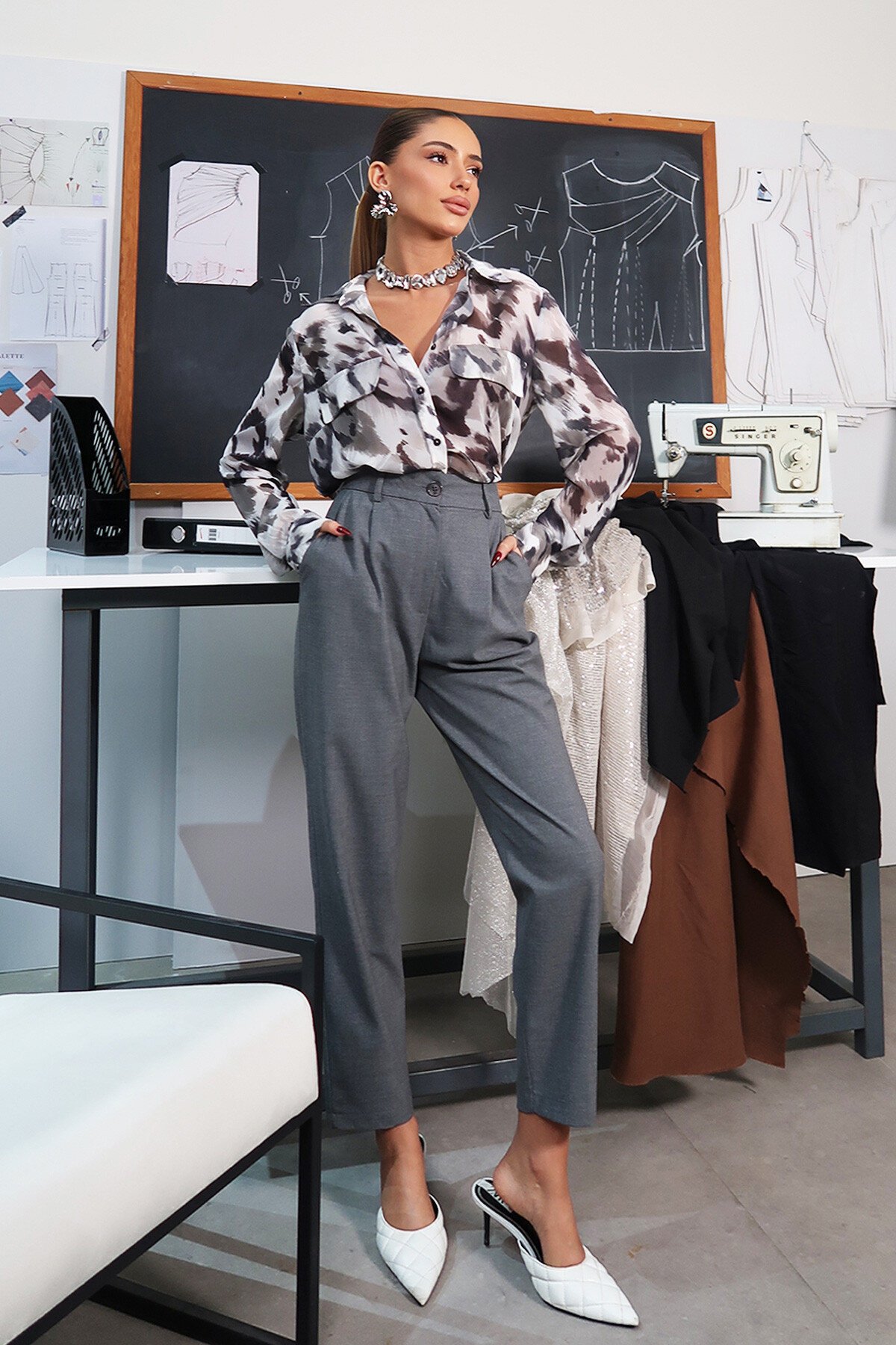 Gri Yüksek Bel Pantolon