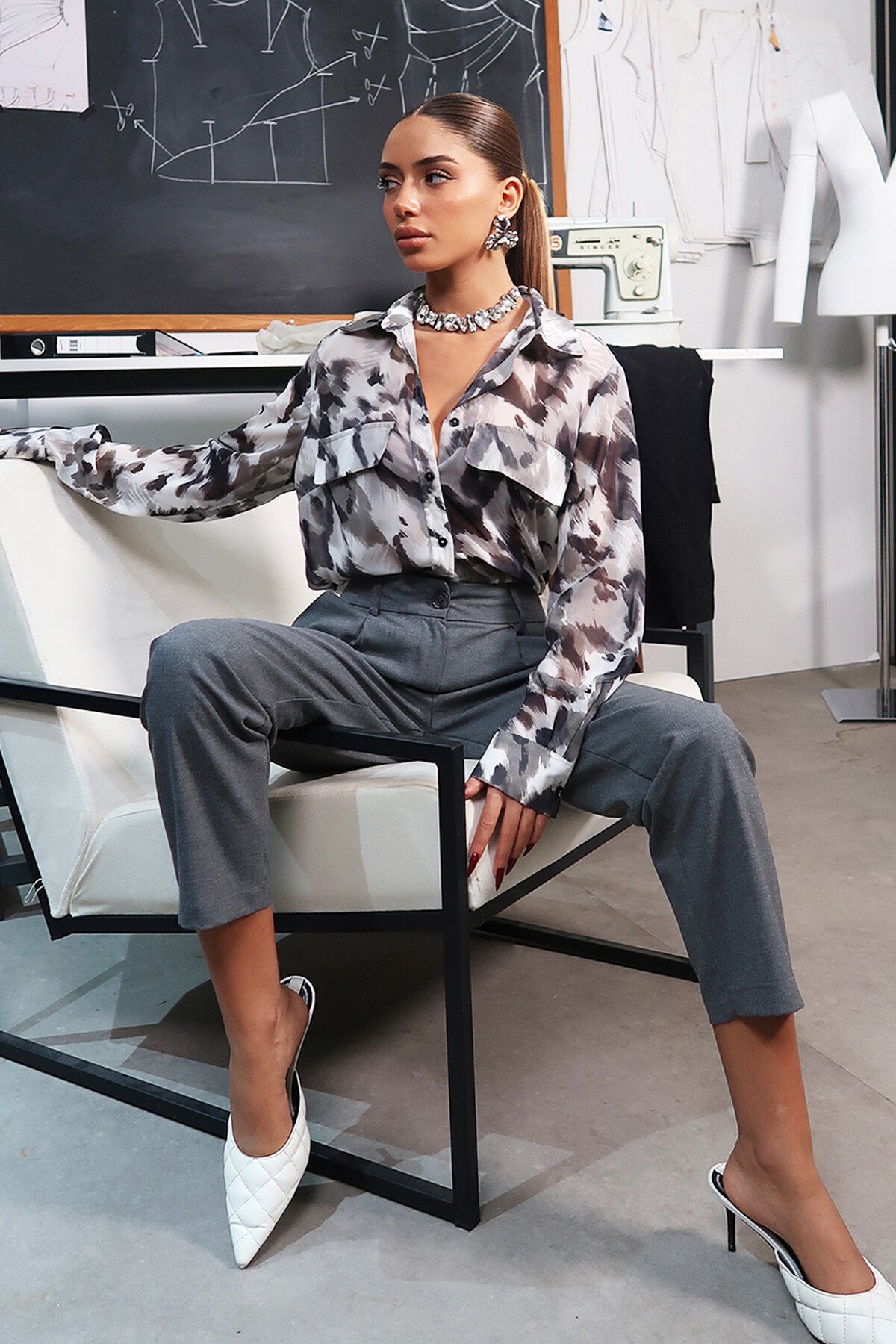 Gri Yüksek Bel Pantolon