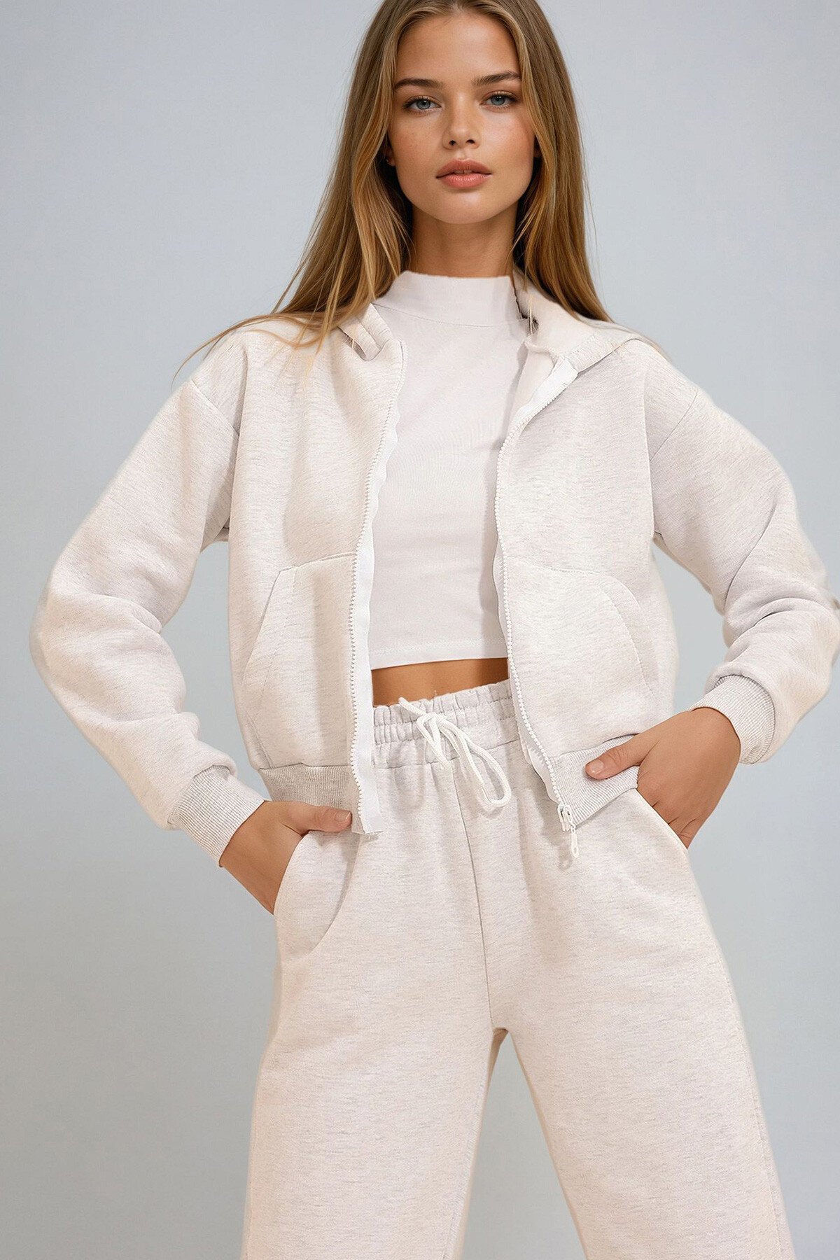 Grimelanj Kapüşonlu Kanguru Cepli 3 İplik İçi Şardonlu Crop Sweatshirt