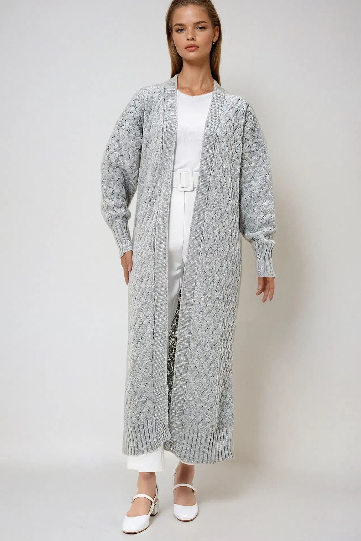 Grimelanj V Yaka Saç Örgü Desenli Kapamasız Maxi Boy Triko Hırka