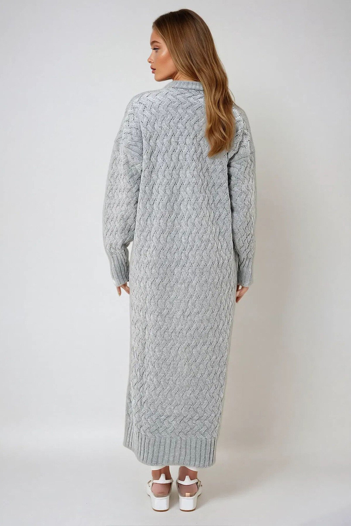 Grimelanj V Yaka Saç Örgü Desenli Kapamasız Maxi Boy Triko Hırka