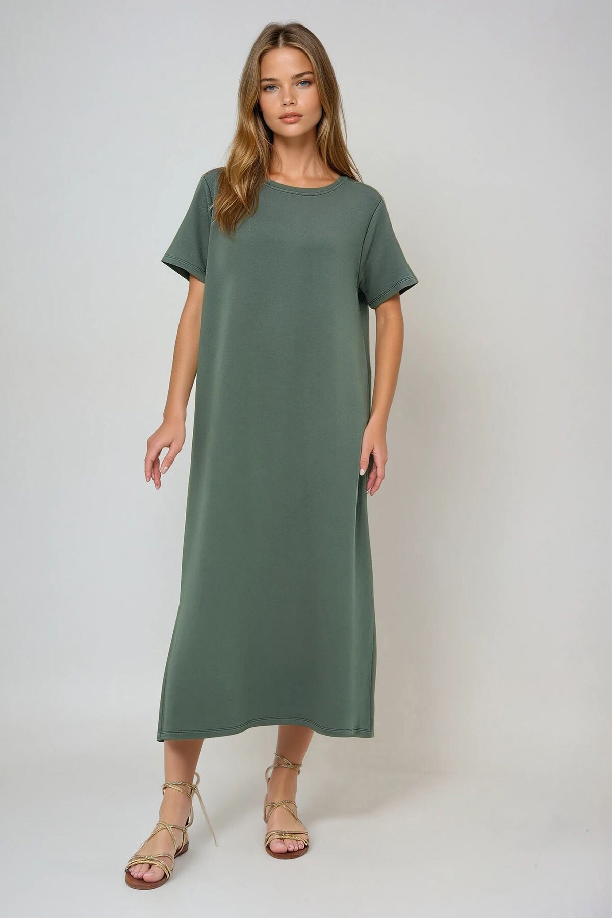 Haki Bisiklet Yaka Omuzları Vatkalı Örme Yazlık Elbise