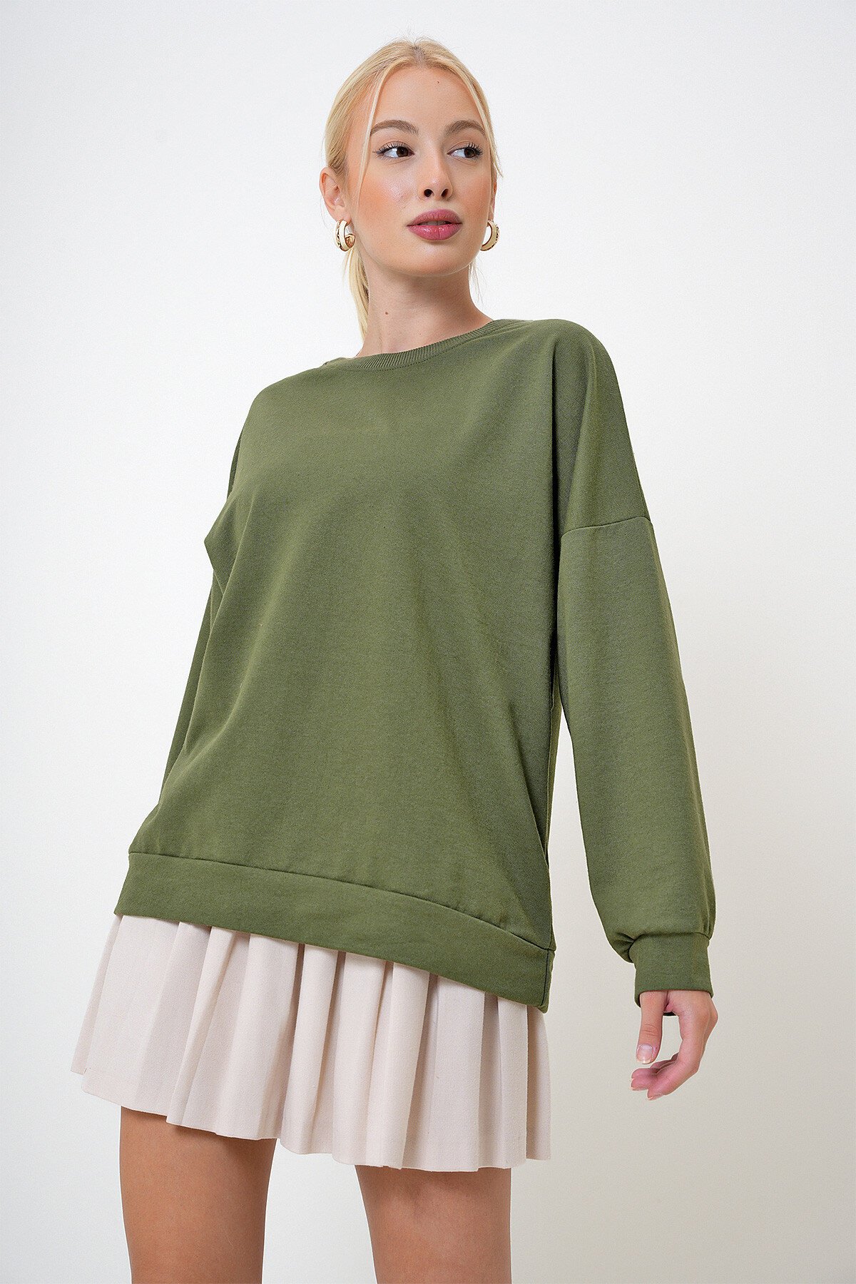 Haki Bisiklet Yaka Oversize Basic Sweatshirt