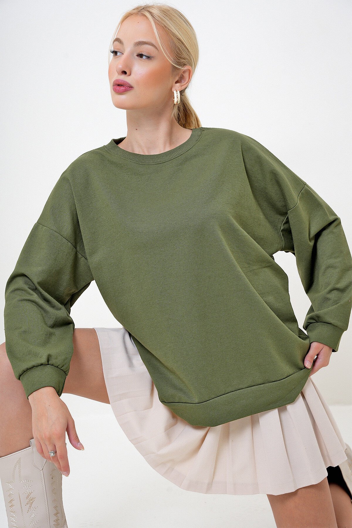 Haki Bisiklet Yaka Oversize Basic Sweatshirt
