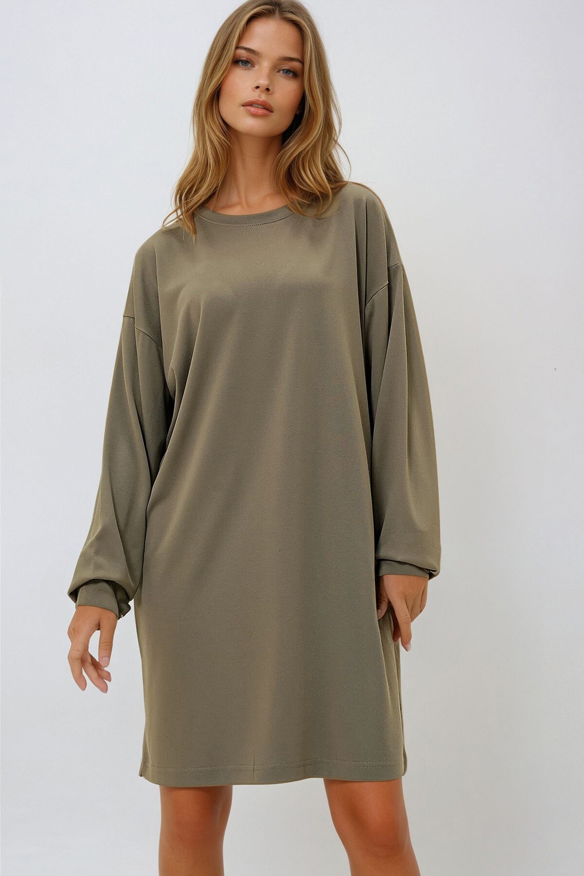 Haki Bisiklet Yaka Sweatshirt Elbise