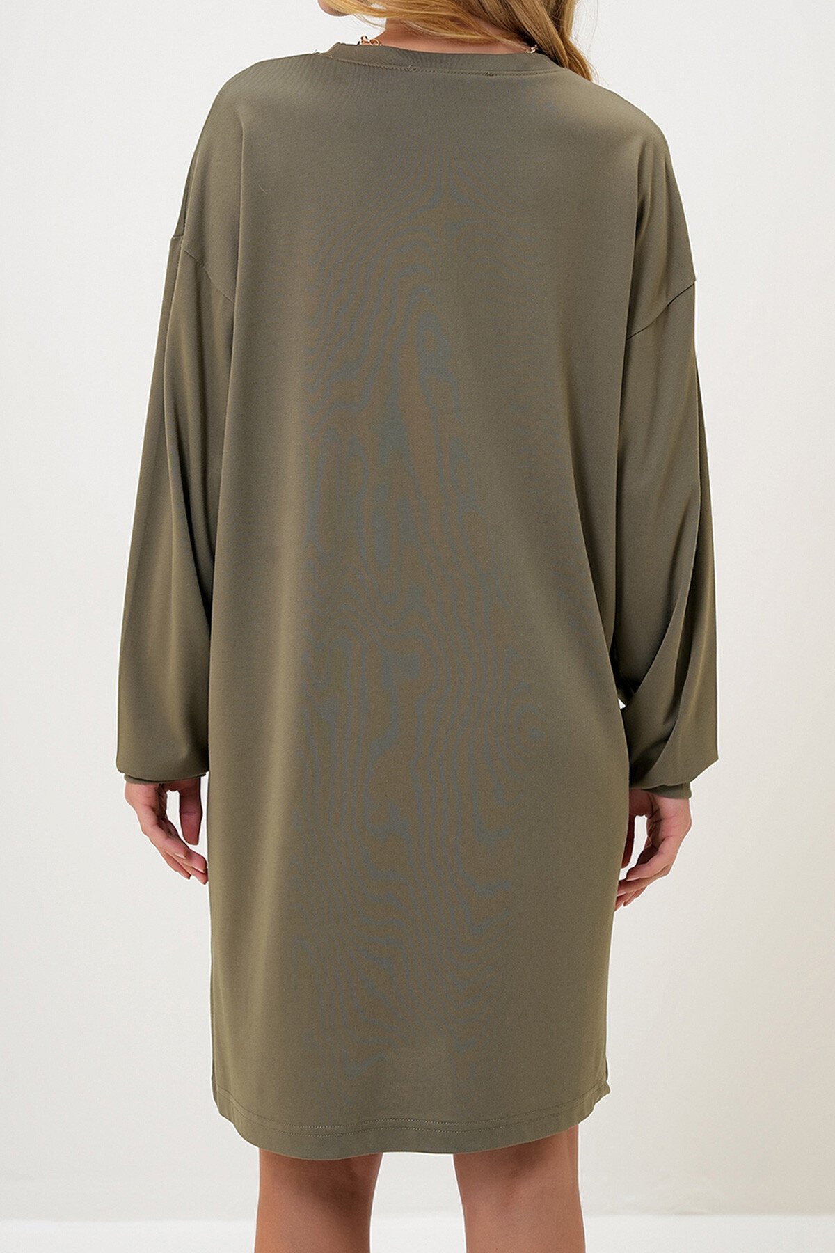 Haki Bisiklet Yaka Sweatshirt Elbise