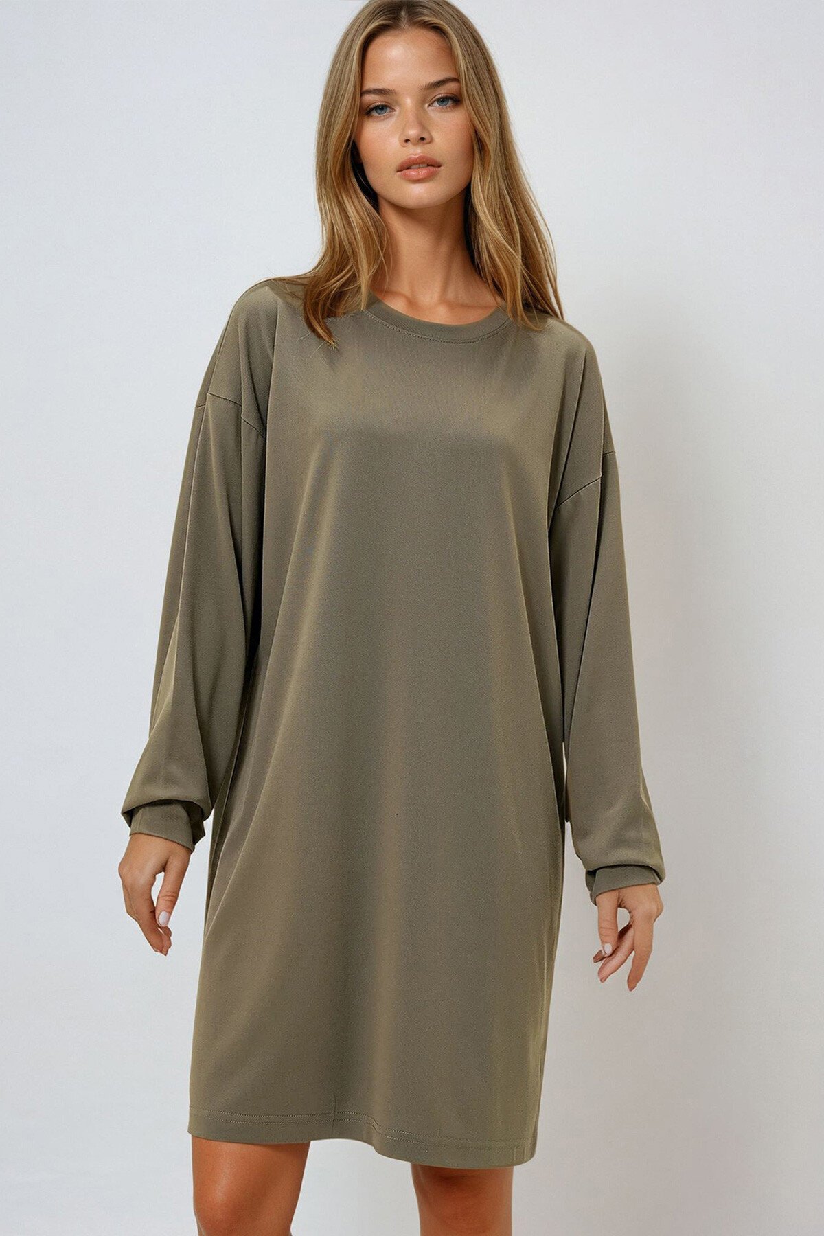 Haki Bisiklet Yaka Sweatshirt Elbise