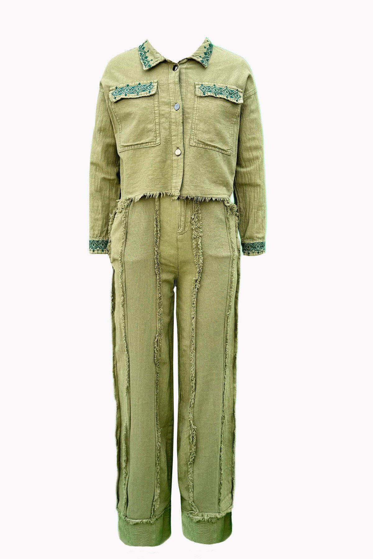 Haki Etnik Nakışlı Püskül Detaylı Ceket Ve Pantolonlu Keten İkili Takım