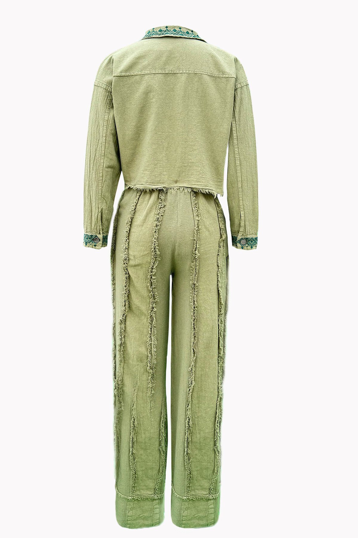 Haki Etnik Nakışlı Püskül Detaylı Ceket Ve Pantolonlu Keten İkili Takım