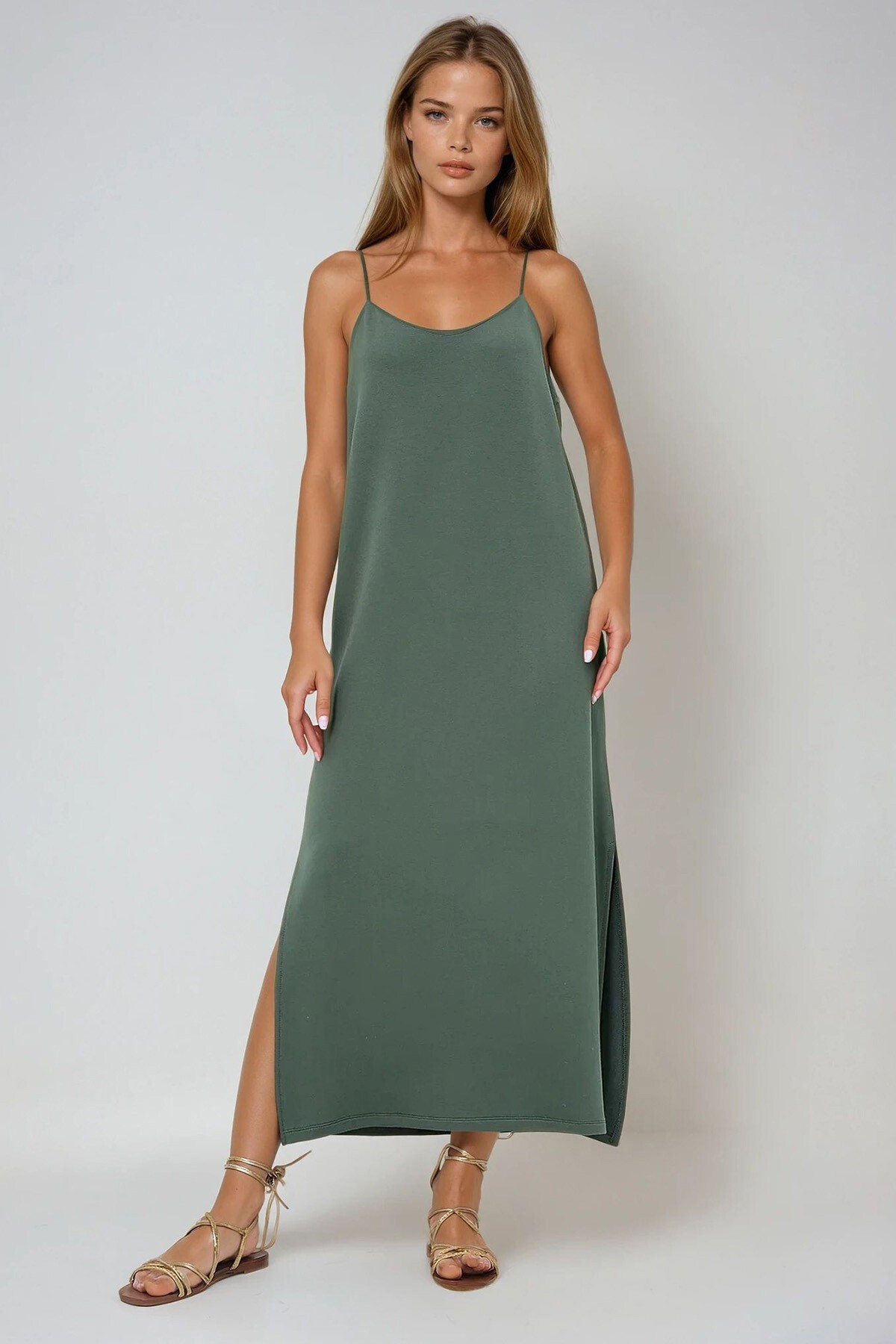 Haki İp Askılı Yırtmaçlı Yazlık Örme Elbise