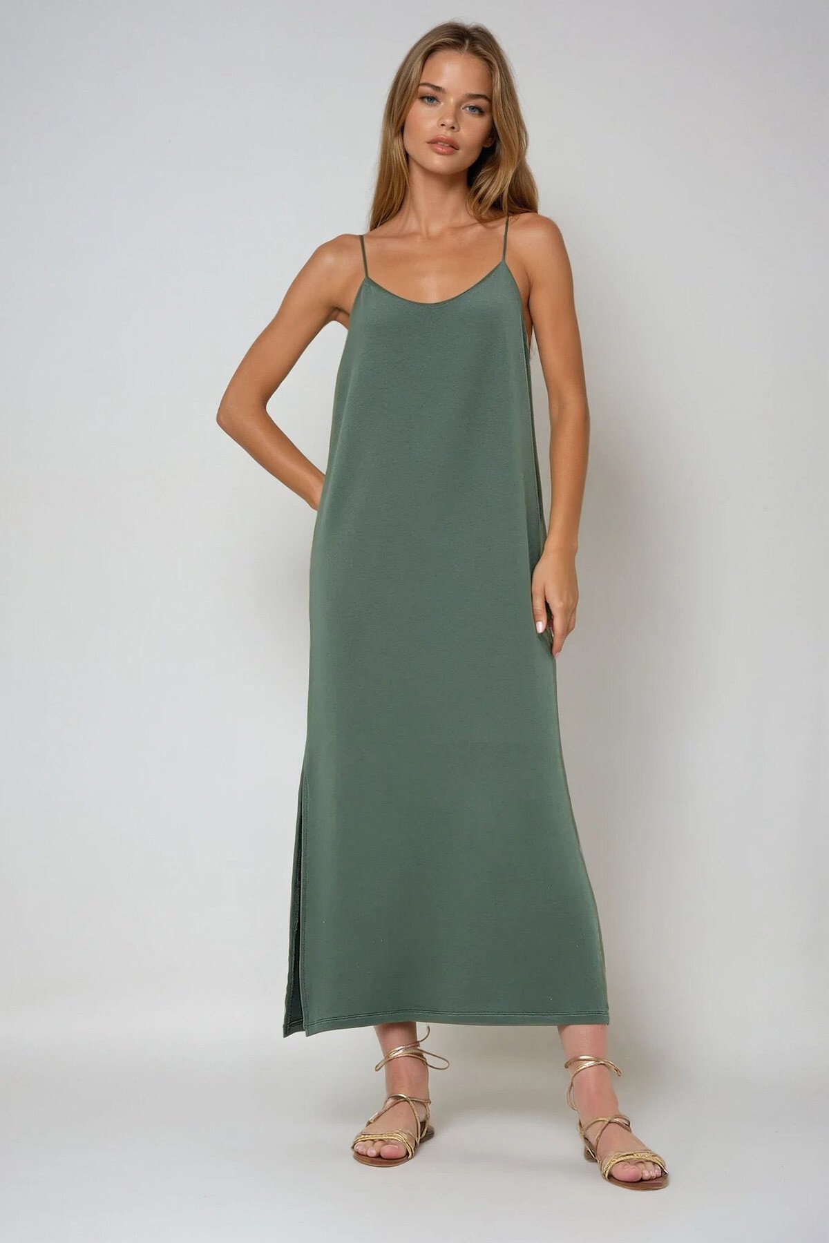 Haki İp Askılı Yırtmaçlı Yazlık Örme Elbise