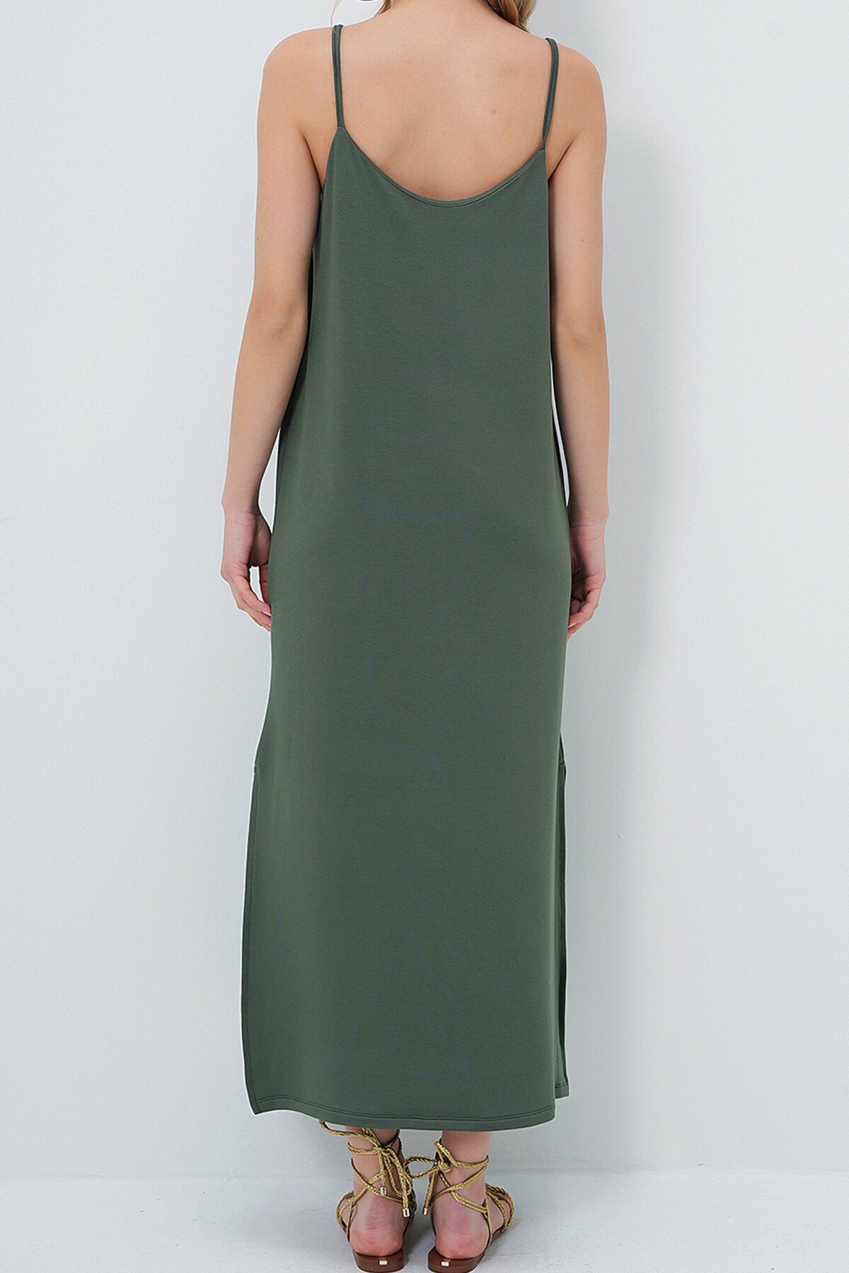 Haki İp Askılı Yırtmaçlı Yazlık Örme Elbise