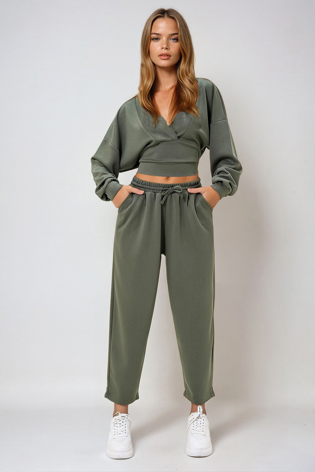 Haki Kapüşonlu Kruvaze Yaka Bol Kesim Modal Alt Üst Takım
