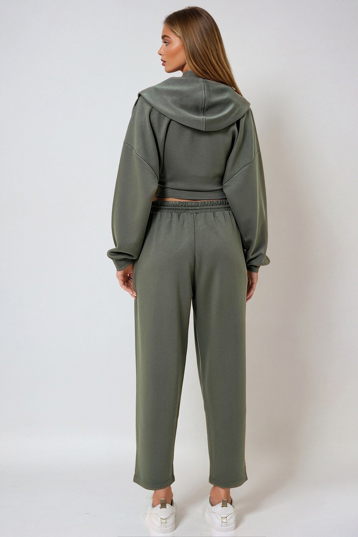 Haki Kapüşonlu Kruvaze Yaka Bol Kesim Modal Alt Üst Takım