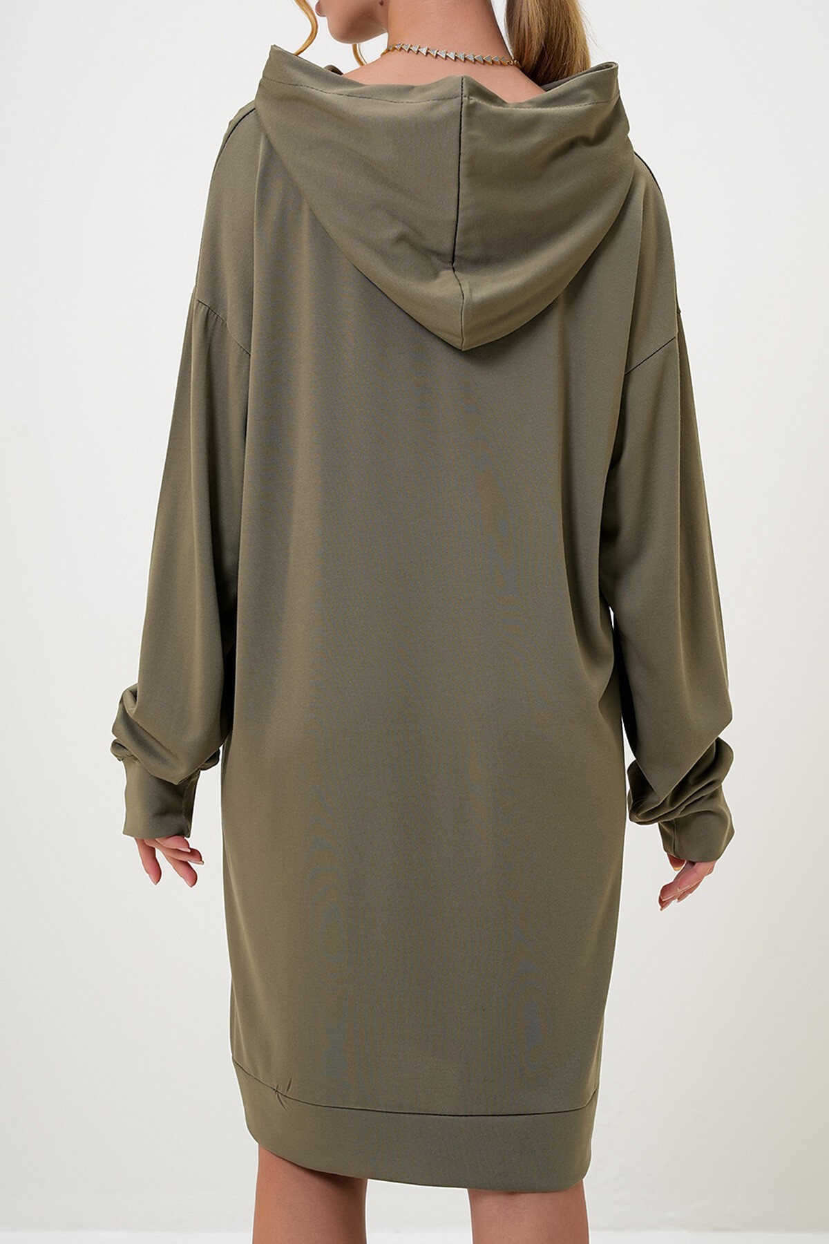 Haki Kapüşonlu Sweatshirt Elbise