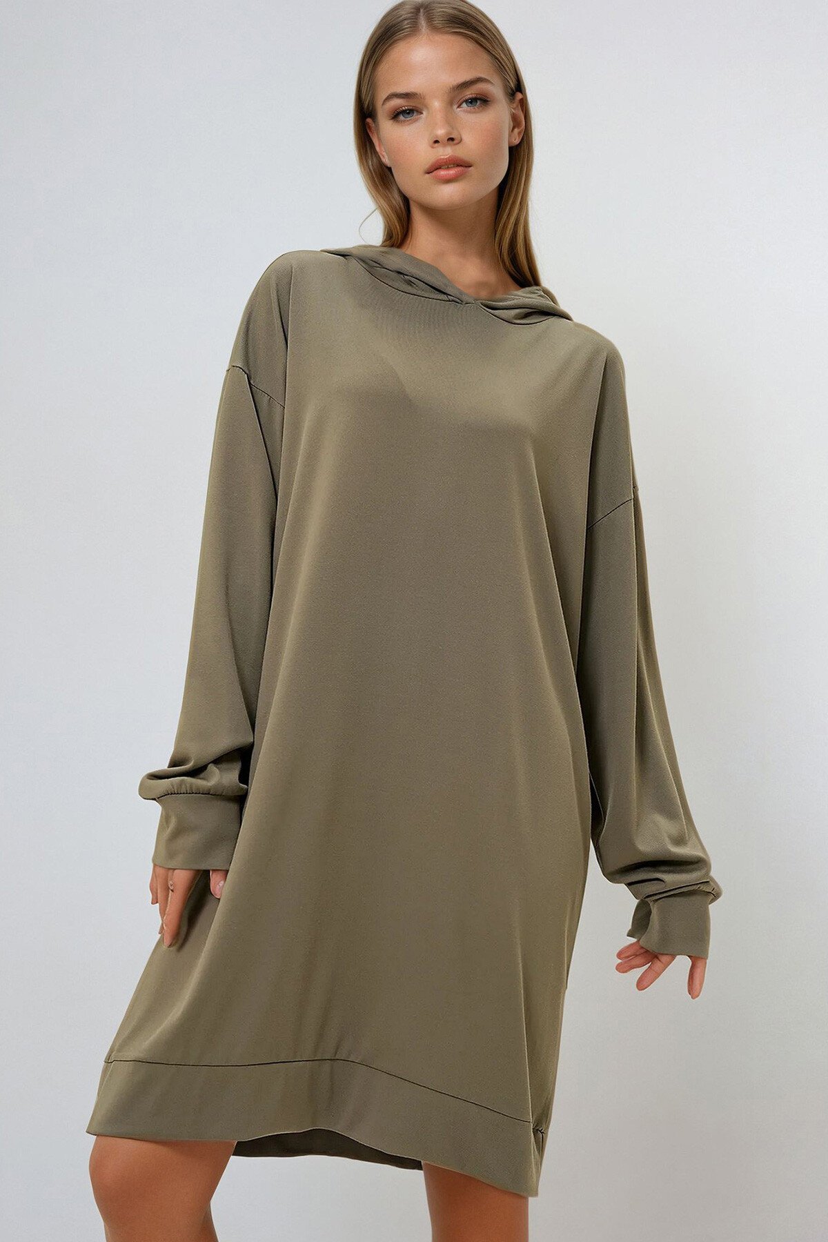 Haki Kapüşonlu Sweatshirt Elbise