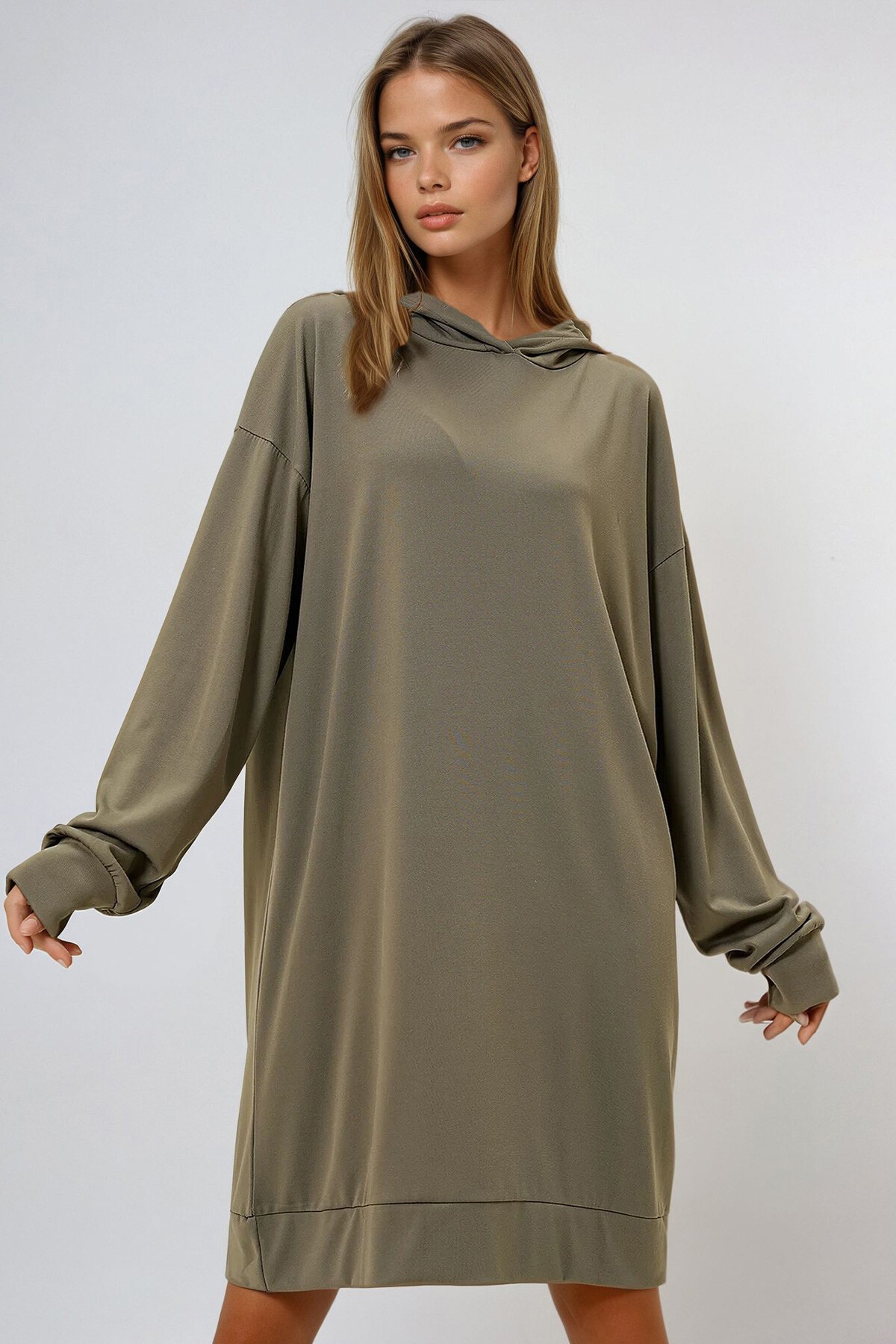 Haki Kapüşonlu Sweatshirt Elbise