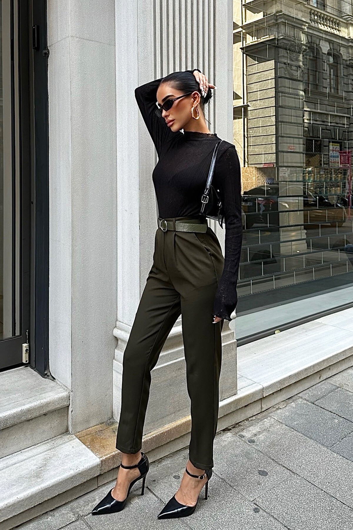 Haki Kemerli Palazzo Pantolon