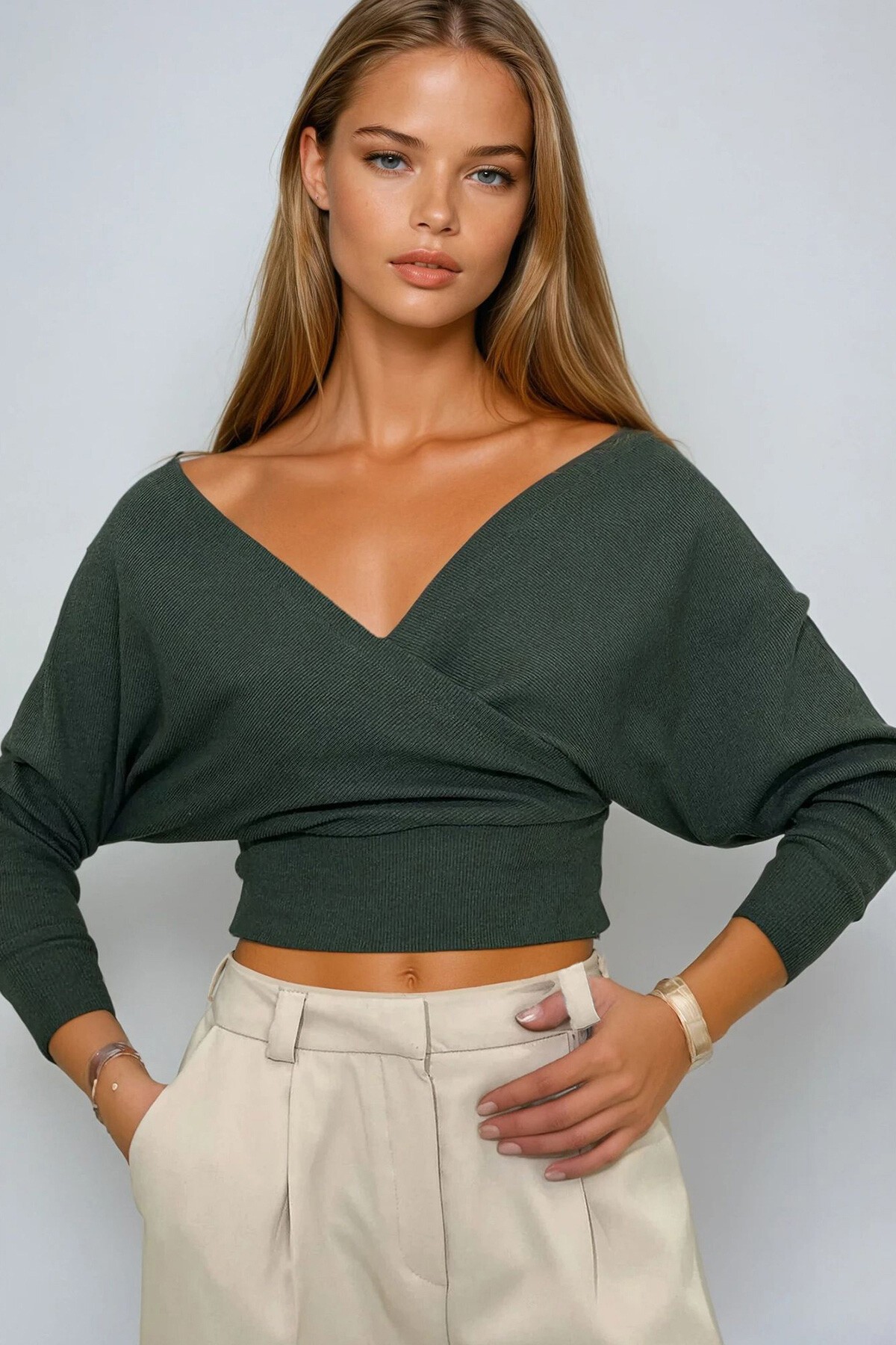 Haki Ön Arka V Yaka Kruvaze Bluz