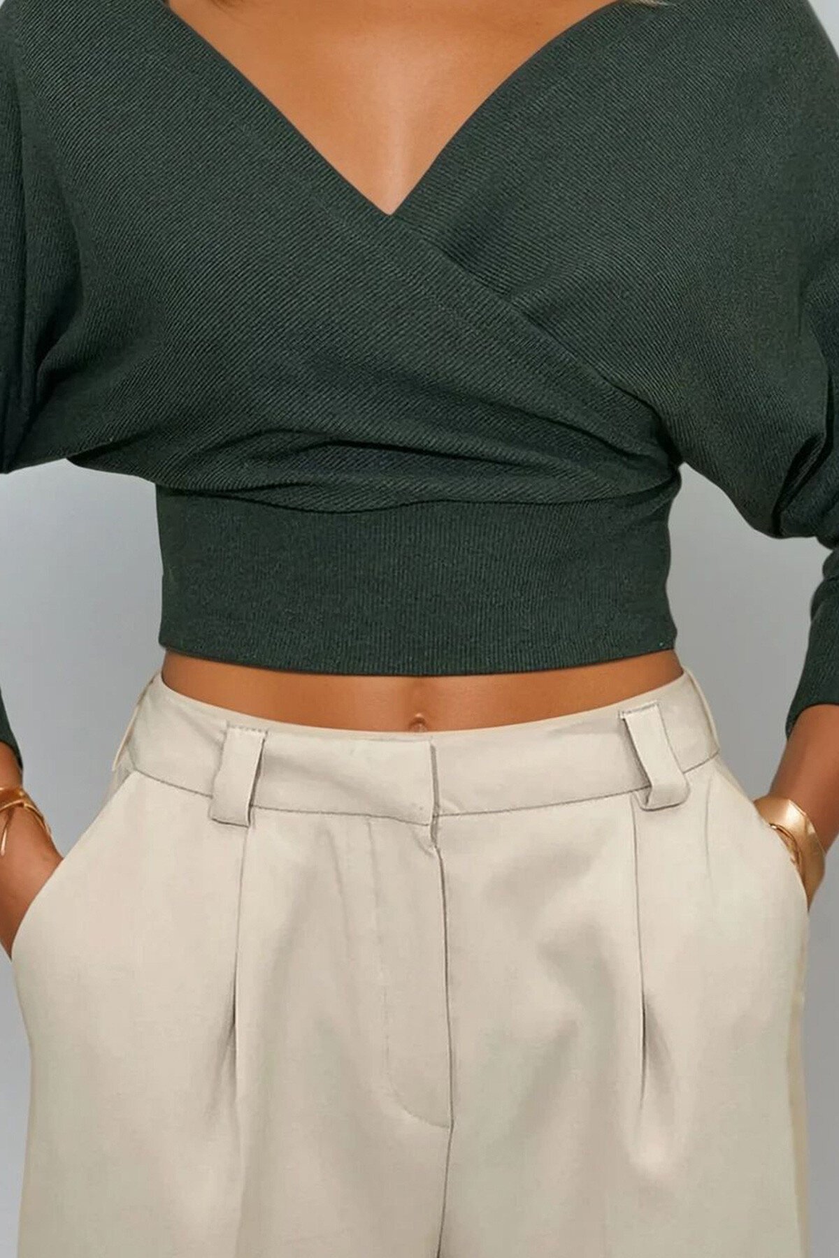 Haki Ön Arka V Yaka Kruvaze Bluz