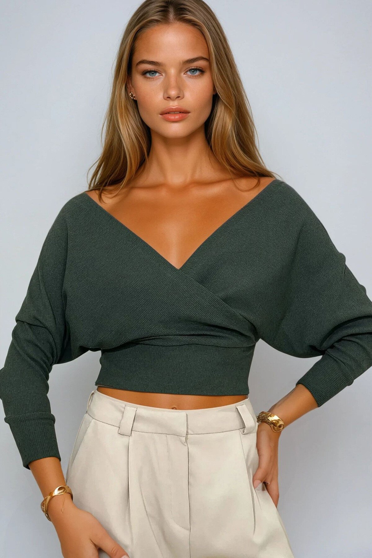 Haki Ön Arka V Yaka Kruvaze Bluz