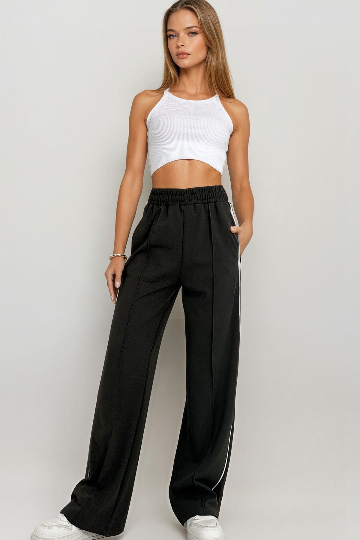 Haki Yan Şeritli Önü Çimalı Çift Cepli Retro Pantolon