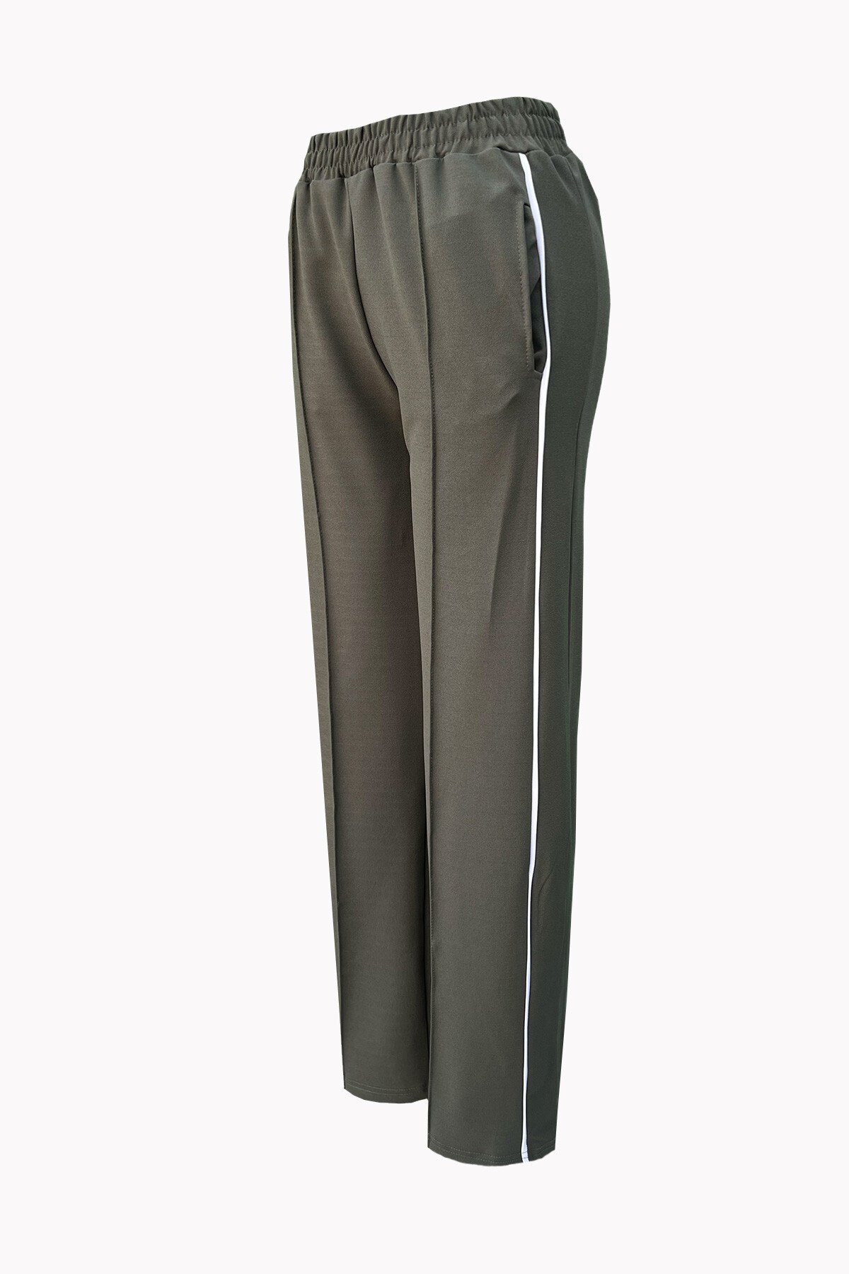 Haki Yan Şeritli Önü Çimalı Çift Cepli Retro Pantolon