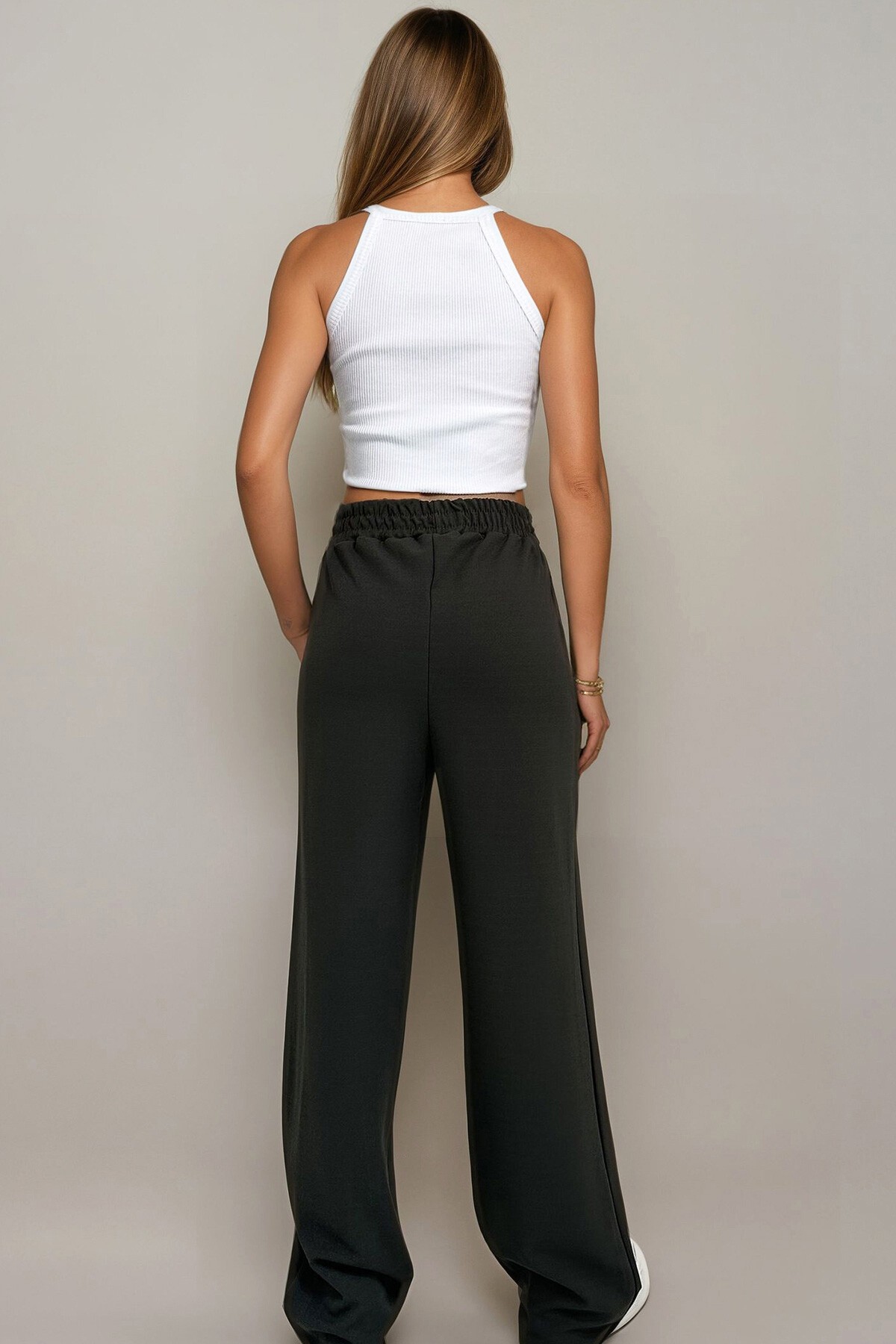 Haki Yan Şeritli Önü Çimalı Çift Cepli Retro Pantolon