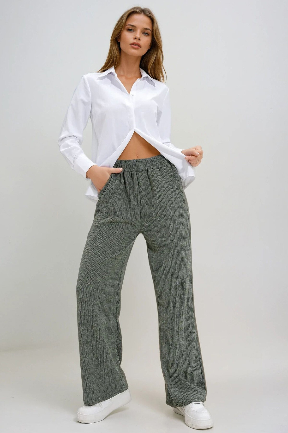 Haki Yüksek Bel Lastikli Wide Leg Pantolon