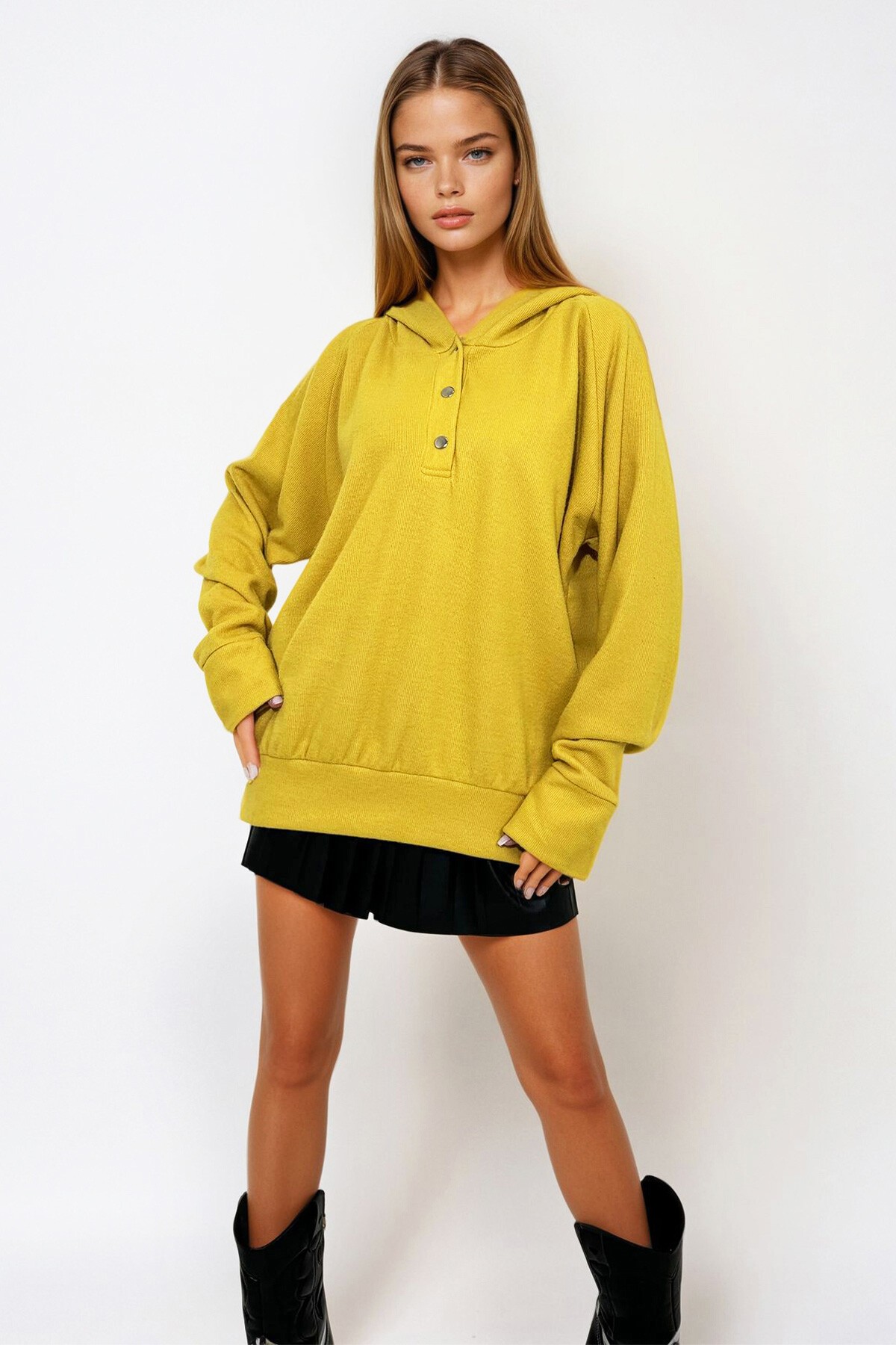 Hardal Kapüşonlu Çıtçıt Kapamalı 3 İplik İçi Şardonlu Oversize Sweatshirt