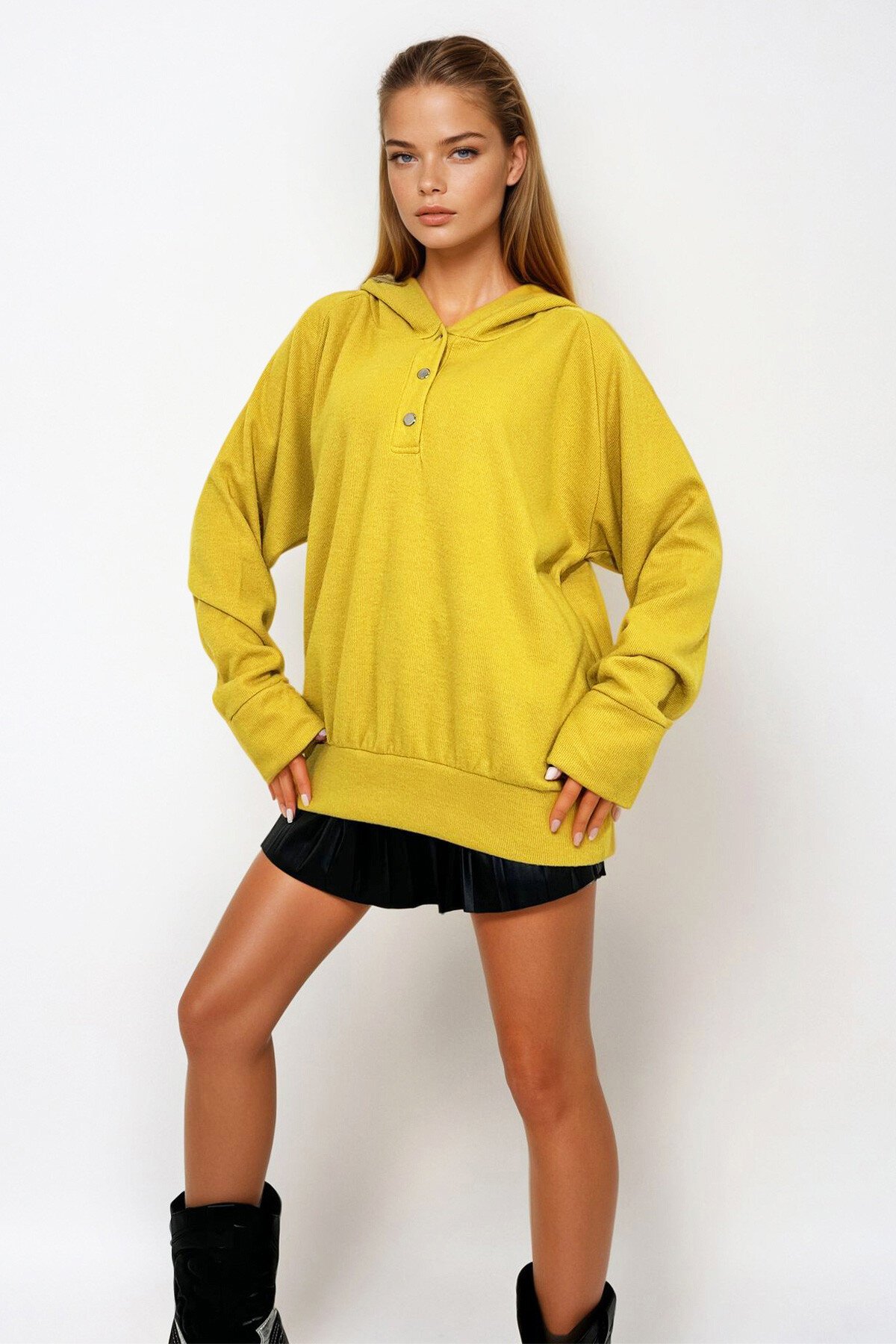 Hardal Kapüşonlu Çıtçıt Kapamalı 3 İplik İçi Şardonlu Oversize Sweatshirt