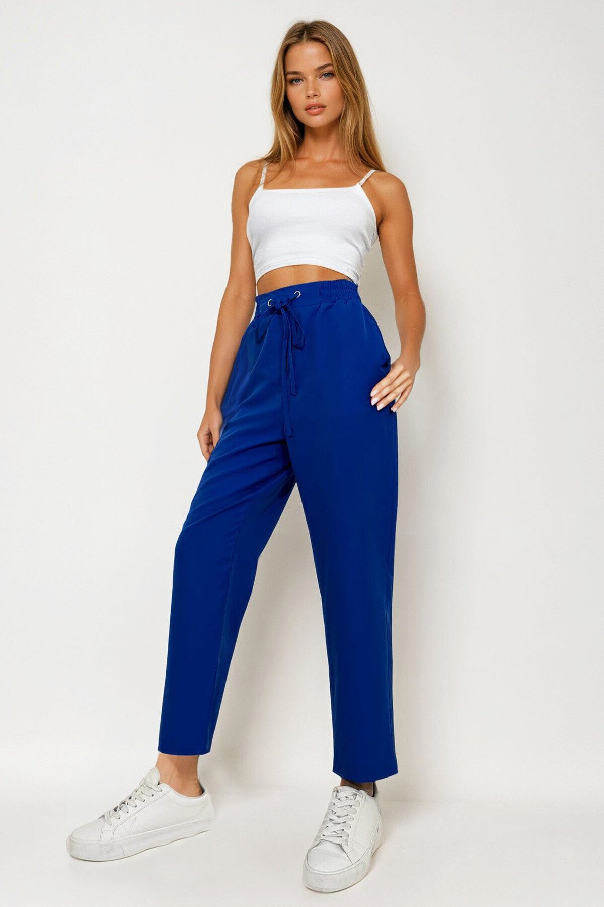 Havacı Mavi Beli Lastikli Çift Cepli Dokuma Pantolon