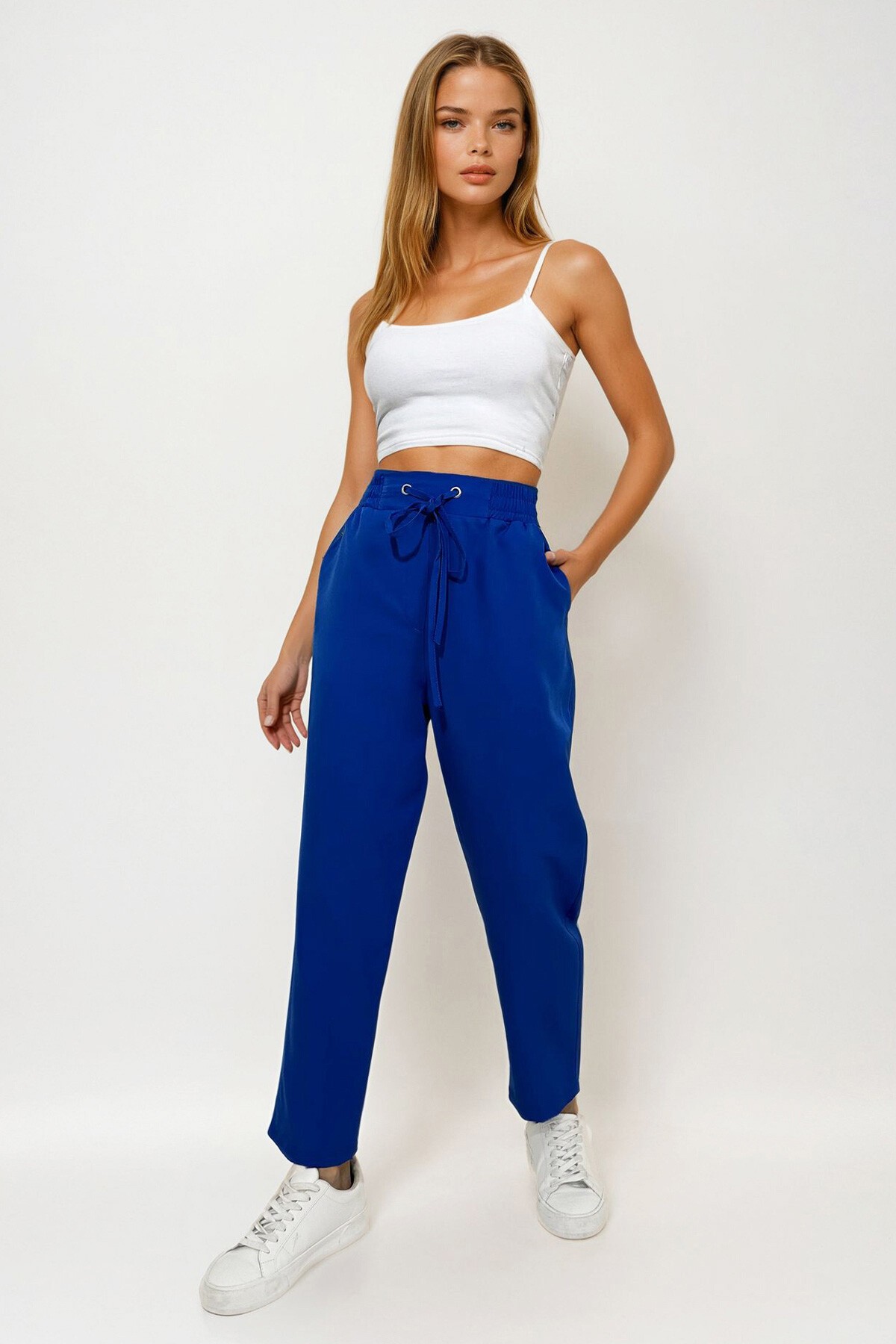 Havacı Mavi Beli Lastikli Çift Cepli Dokuma Pantolon