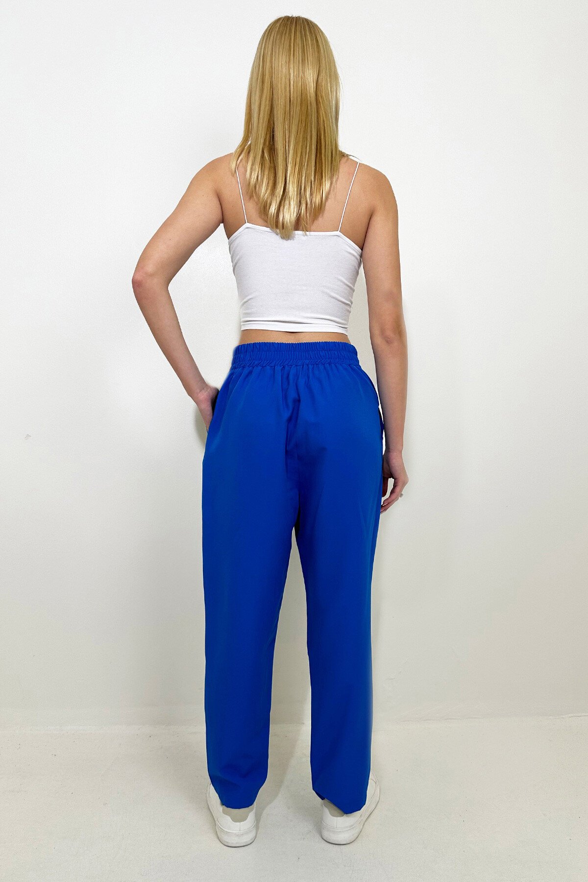 Havacı Mavi Beli Lastikli Çift Cepli Dokuma Pantolon