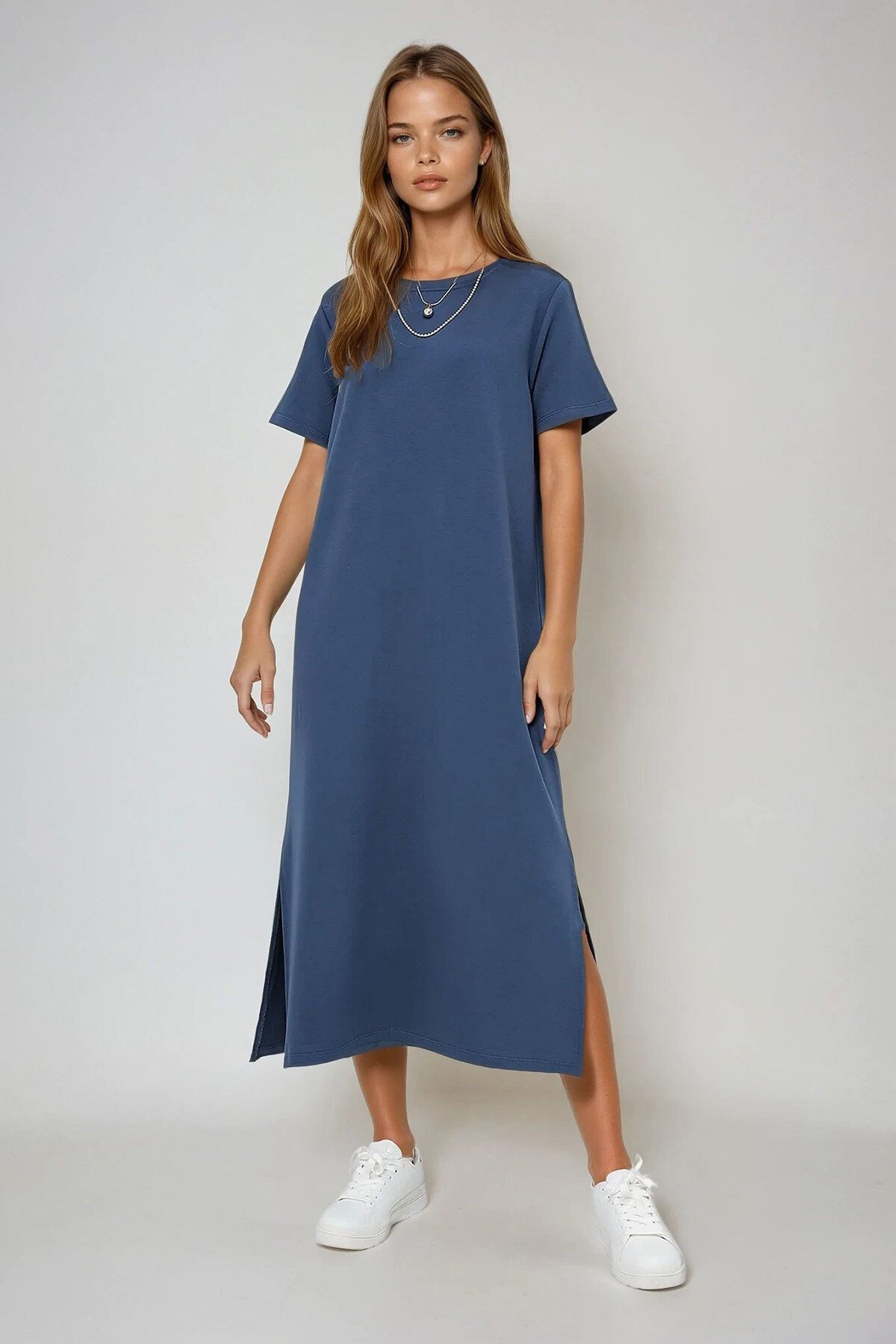 İndigo Bisiklet Yaka Kısa Kollu Yırtmaçlı Örme Elbise
