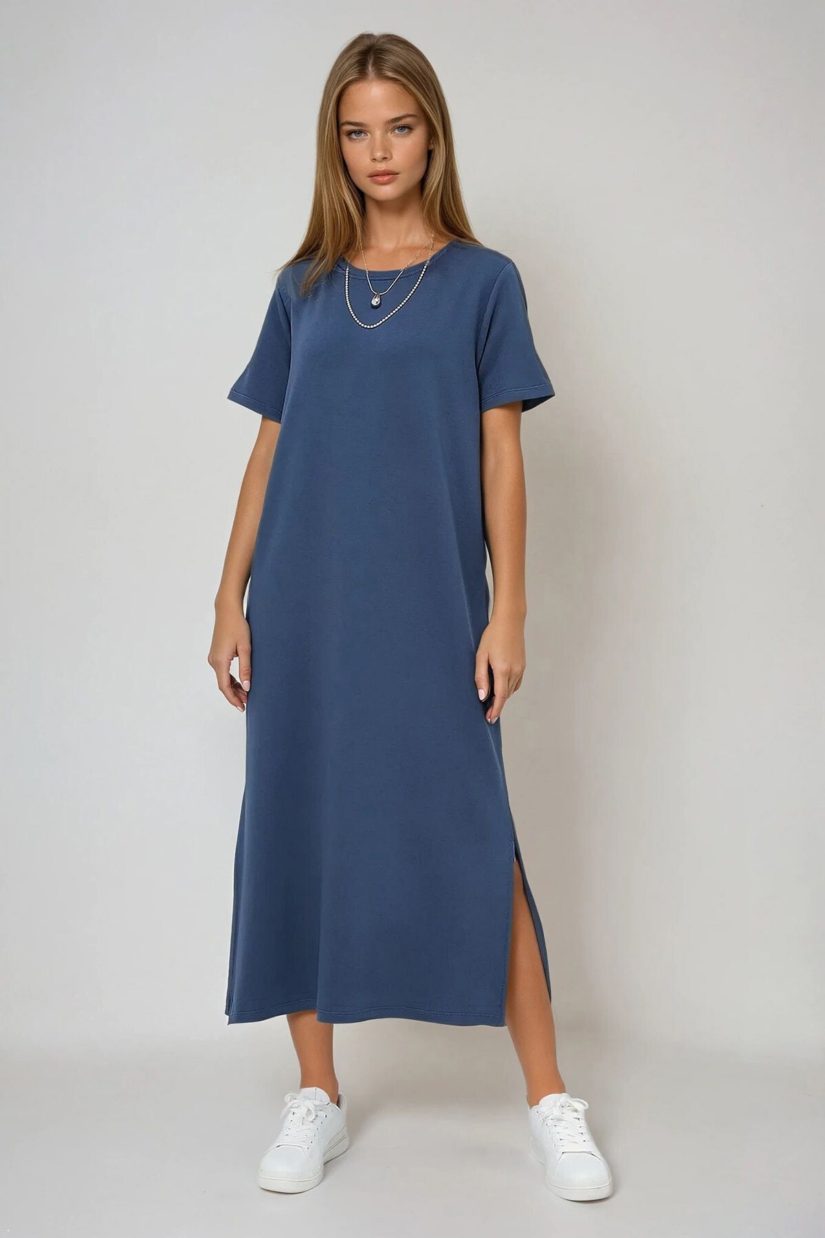 İndigo Bisiklet Yaka Kısa Kollu Yırtmaçlı Örme Elbise