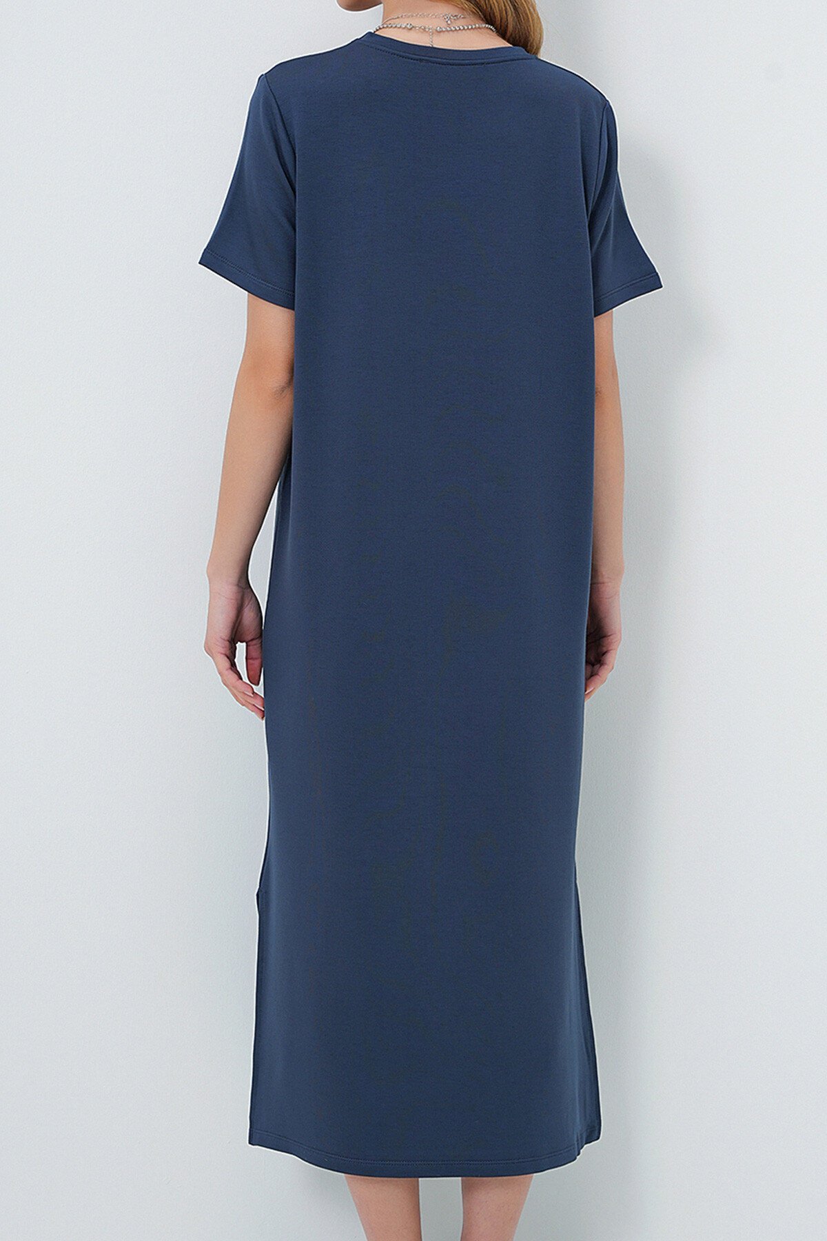 İndigo Bisiklet Yaka Kısa Kollu Yırtmaçlı Örme Elbise