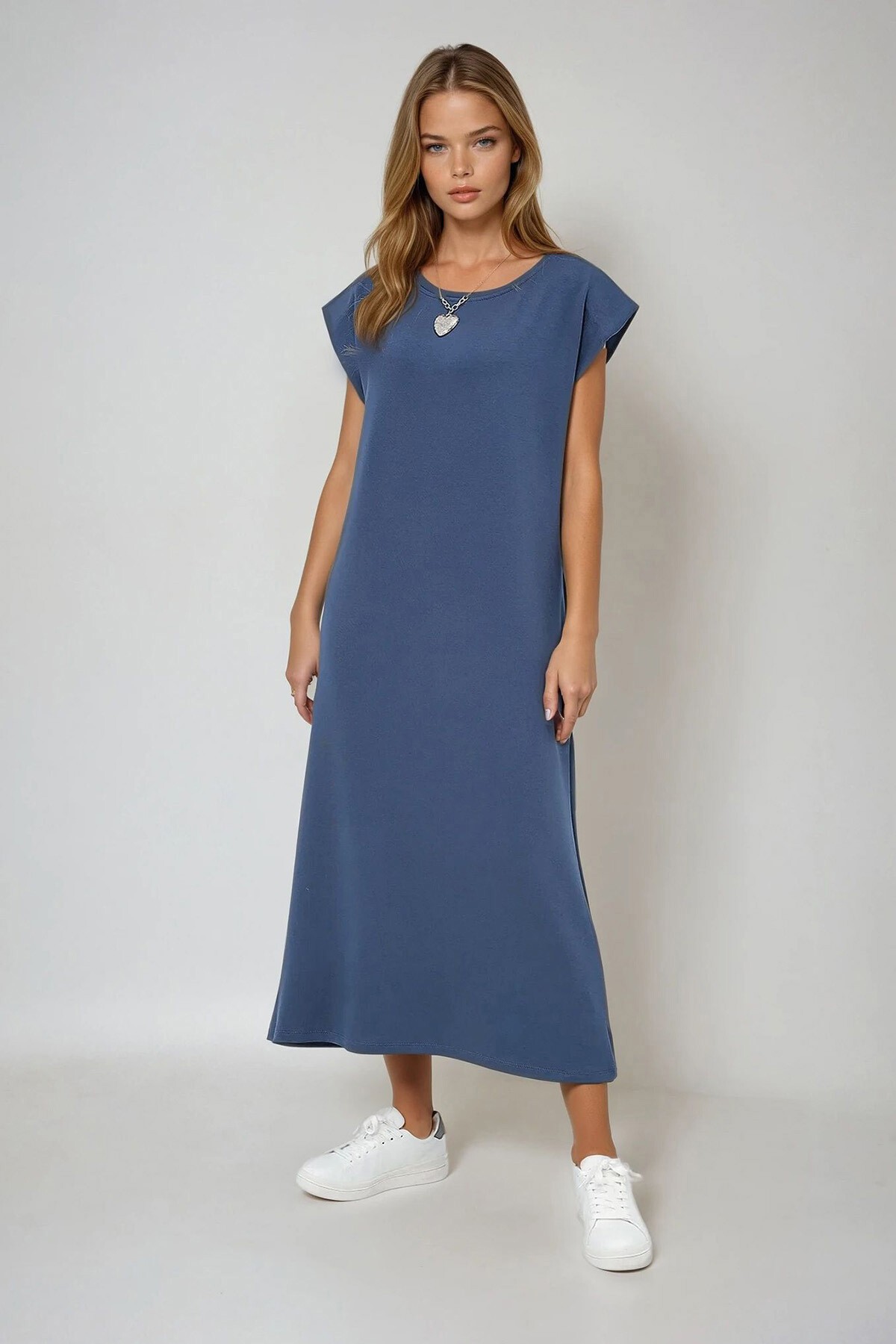 İndigo Bisiklet Yaka Omuzları Vatkalı Örme Yazlık Elbise