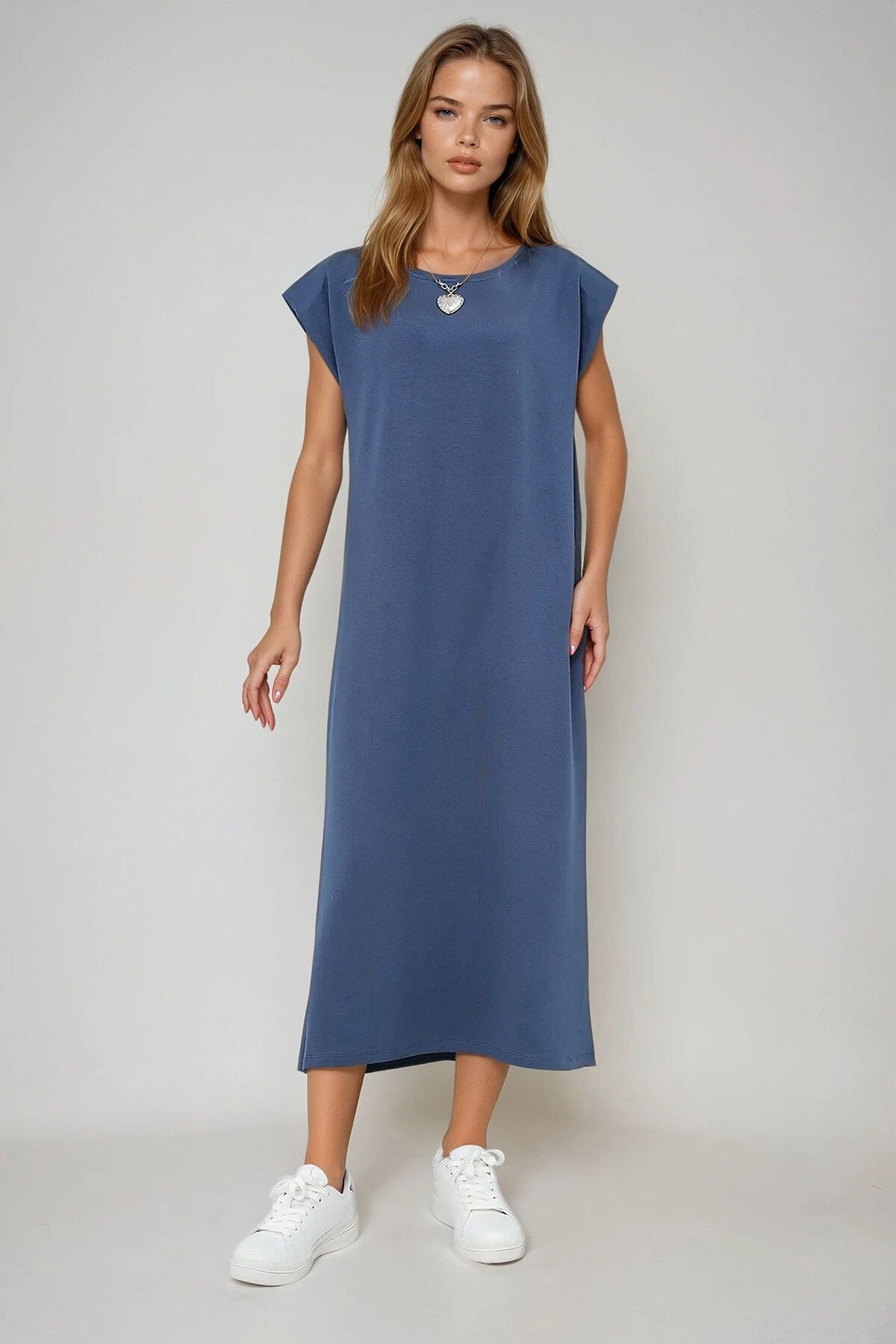 İndigo Bisiklet Yaka Omuzları Vatkalı Örme Yazlık Elbise