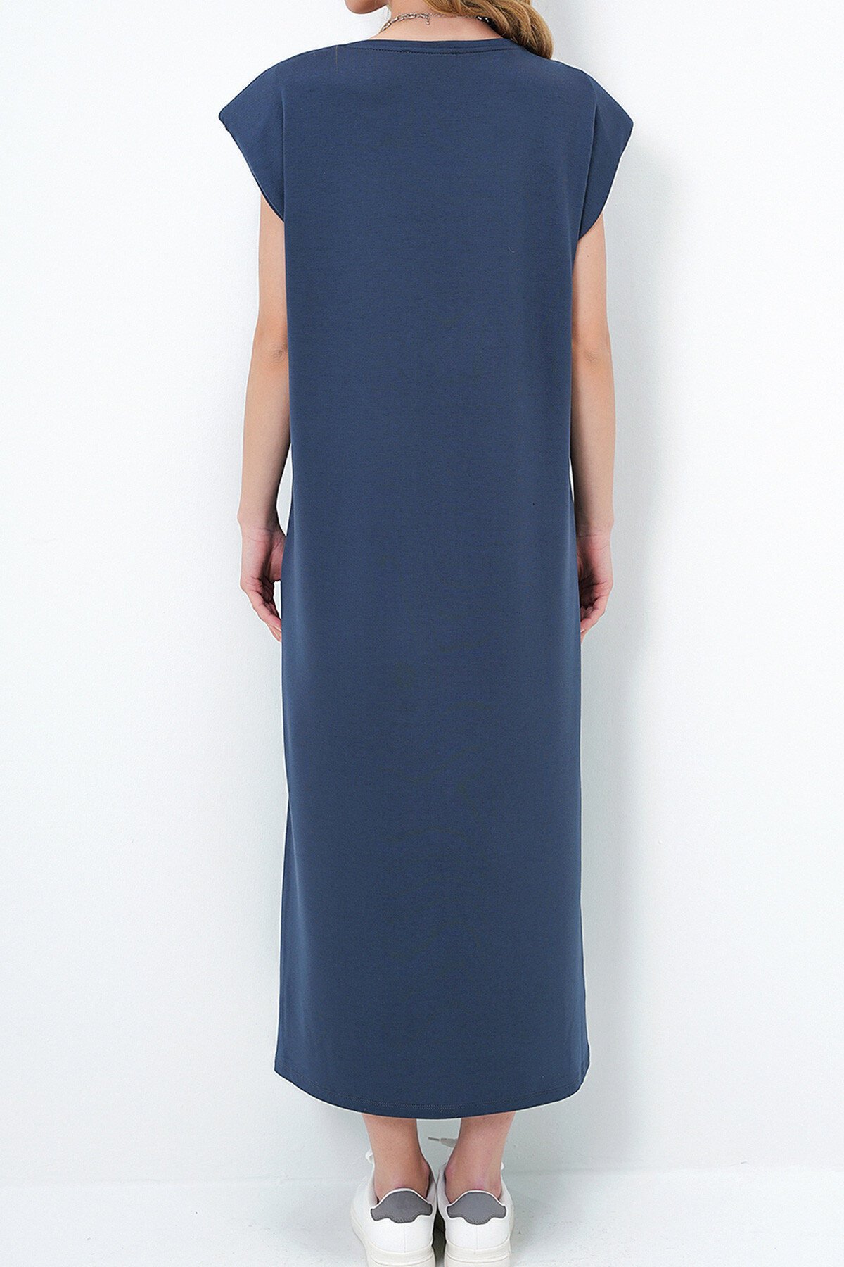 İndigo Bisiklet Yaka Omuzları Vatkalı Örme Yazlık Elbise