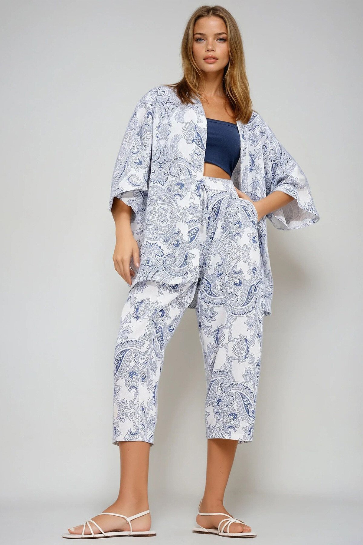 İndigo Desenli Kimono Ceket Ve Pantolonlu Keten Dokuma Alt Üst Takım