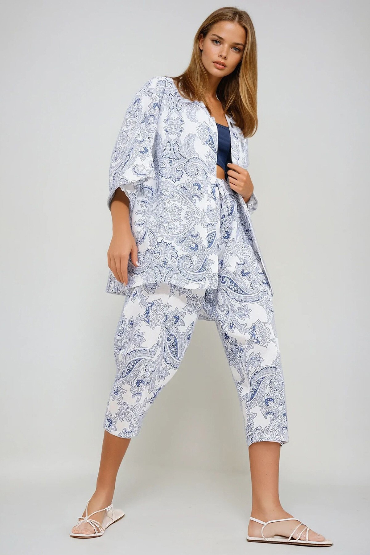 İndigo Desenli Kimono Ceket Ve Pantolonlu Keten Dokuma Alt Üst Takım