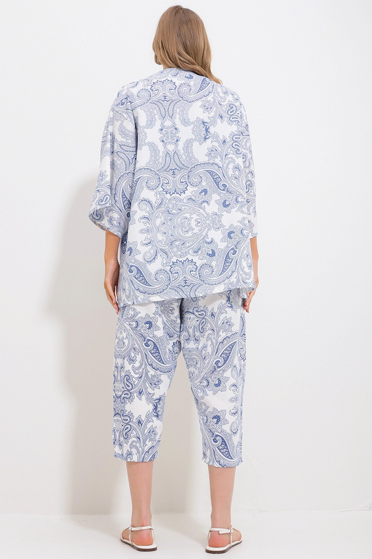 İndigo Desenli Kimono Ceket Ve Pantolonlu Keten Dokuma Alt Üst Takım