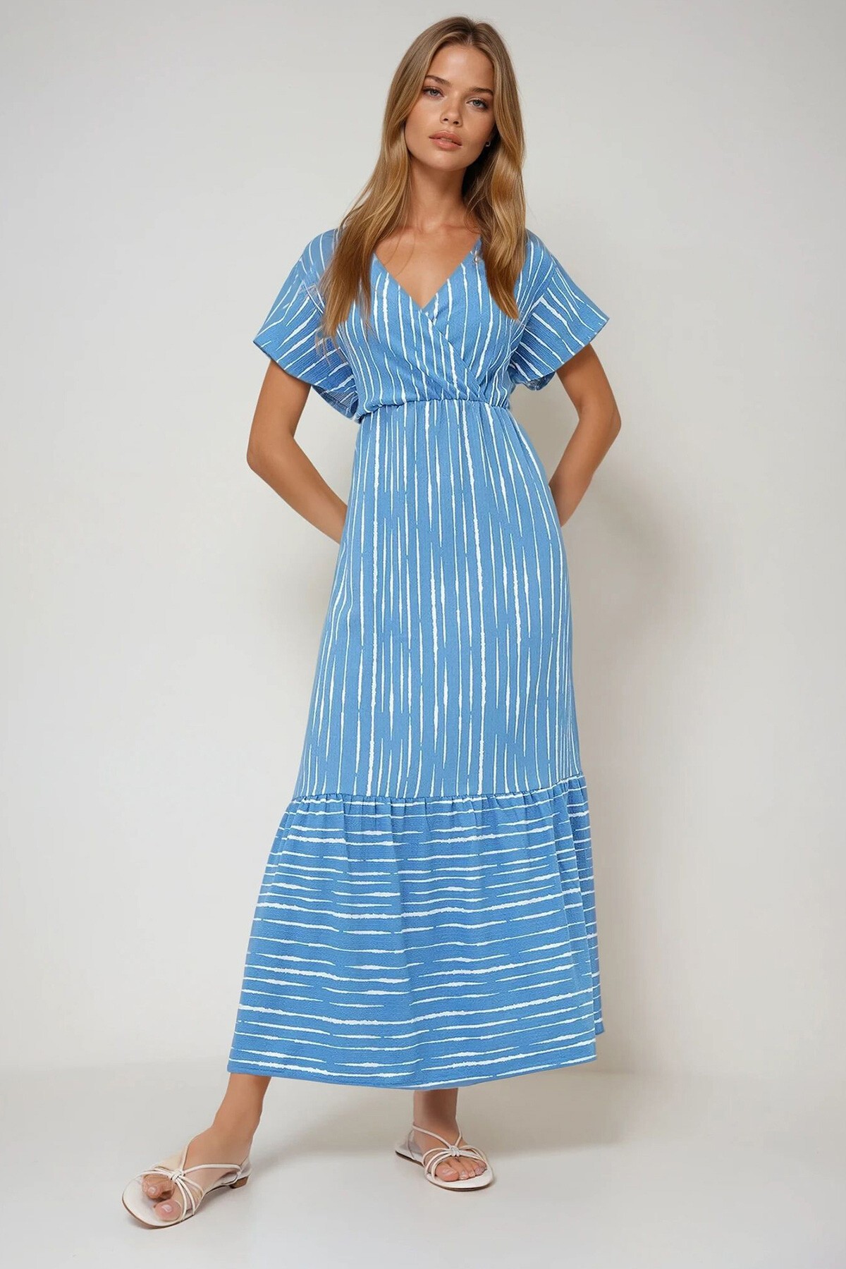 İndigo Ekru Kruvaze Maxı Boy Elbise