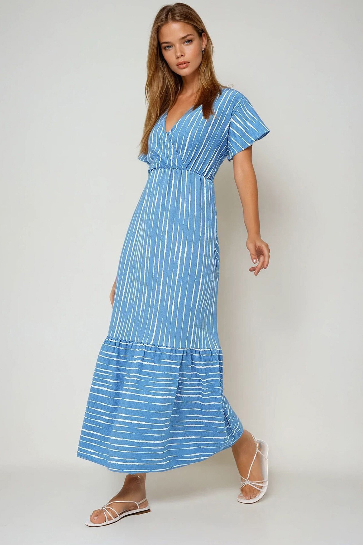 İndigo Ekru Kruvaze Maxı Boy Elbise